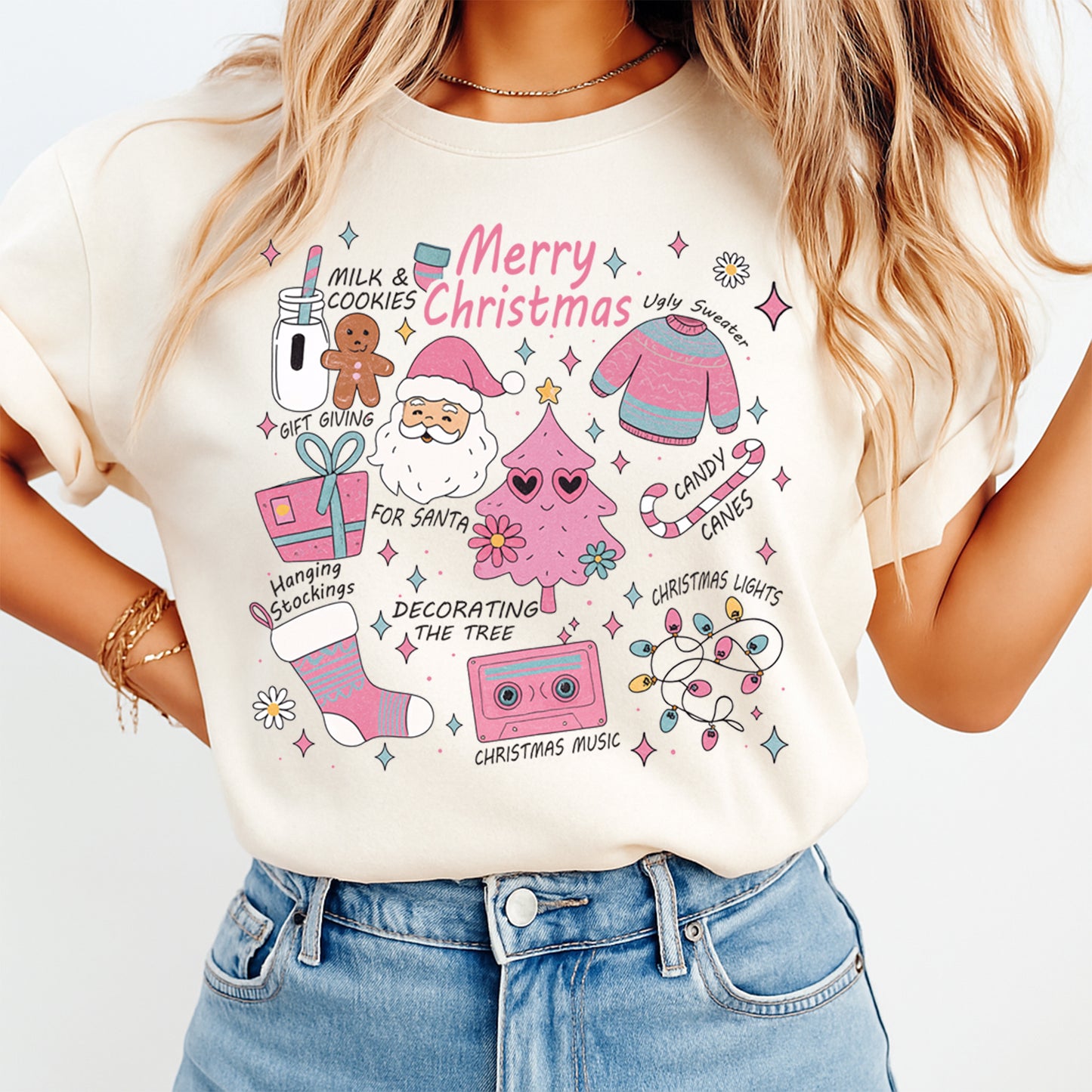 Christmas DTF Transfer – Pink Tree and Santa Sweater Icons Ready to Press Iron On Heat Transfer for DIY Shirts 11847