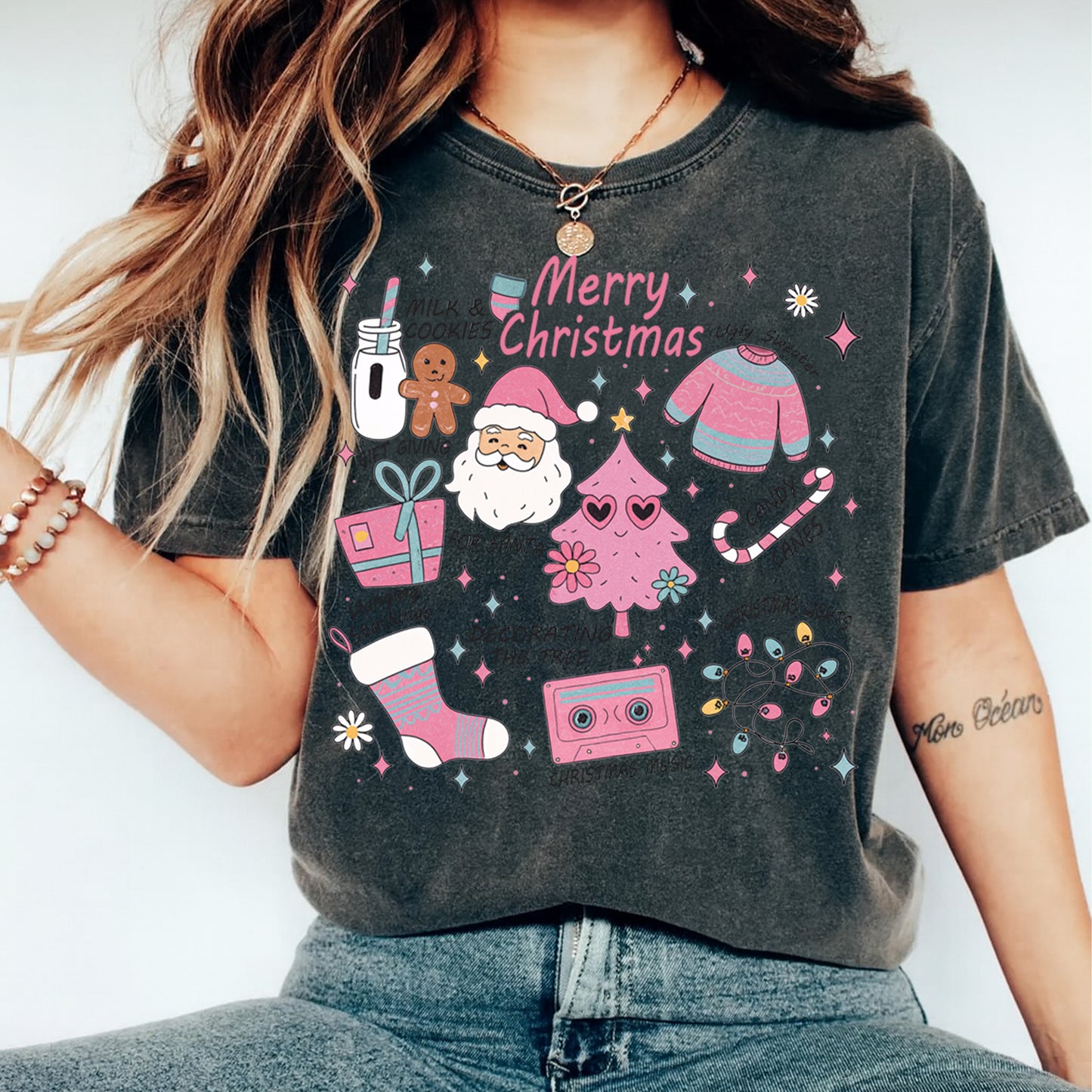 Christmas DTF Transfer – Pink Tree and Santa Sweater Icons Ready to Press Iron On Heat Transfer for DIY Shirts 11847