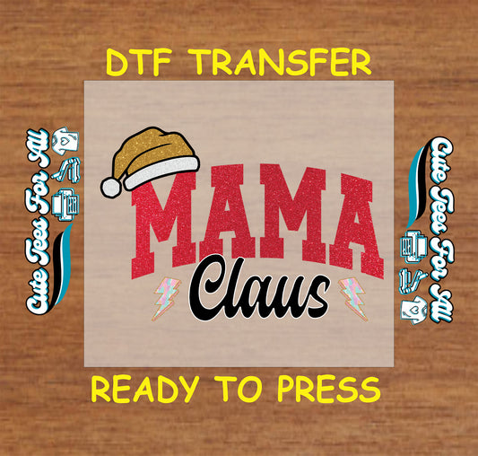 Mama Claus ready to press DTF iron on heat transfer with Santa hat and lightning bolts for DIY shirts