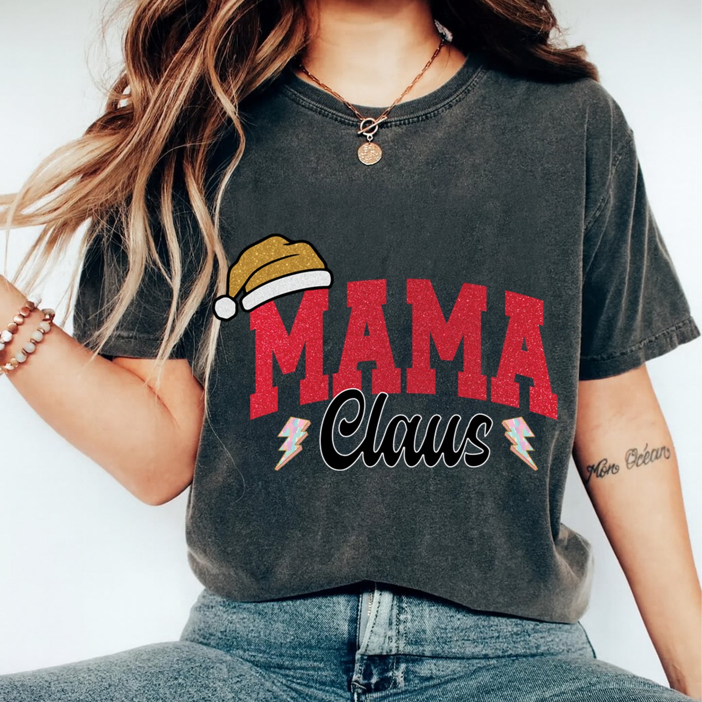 Christmas DTF Transfer – Mama Claus Hat and Lightning Bolts Ready to Press Iron On Heat Transfer for DIY Shirts 11848