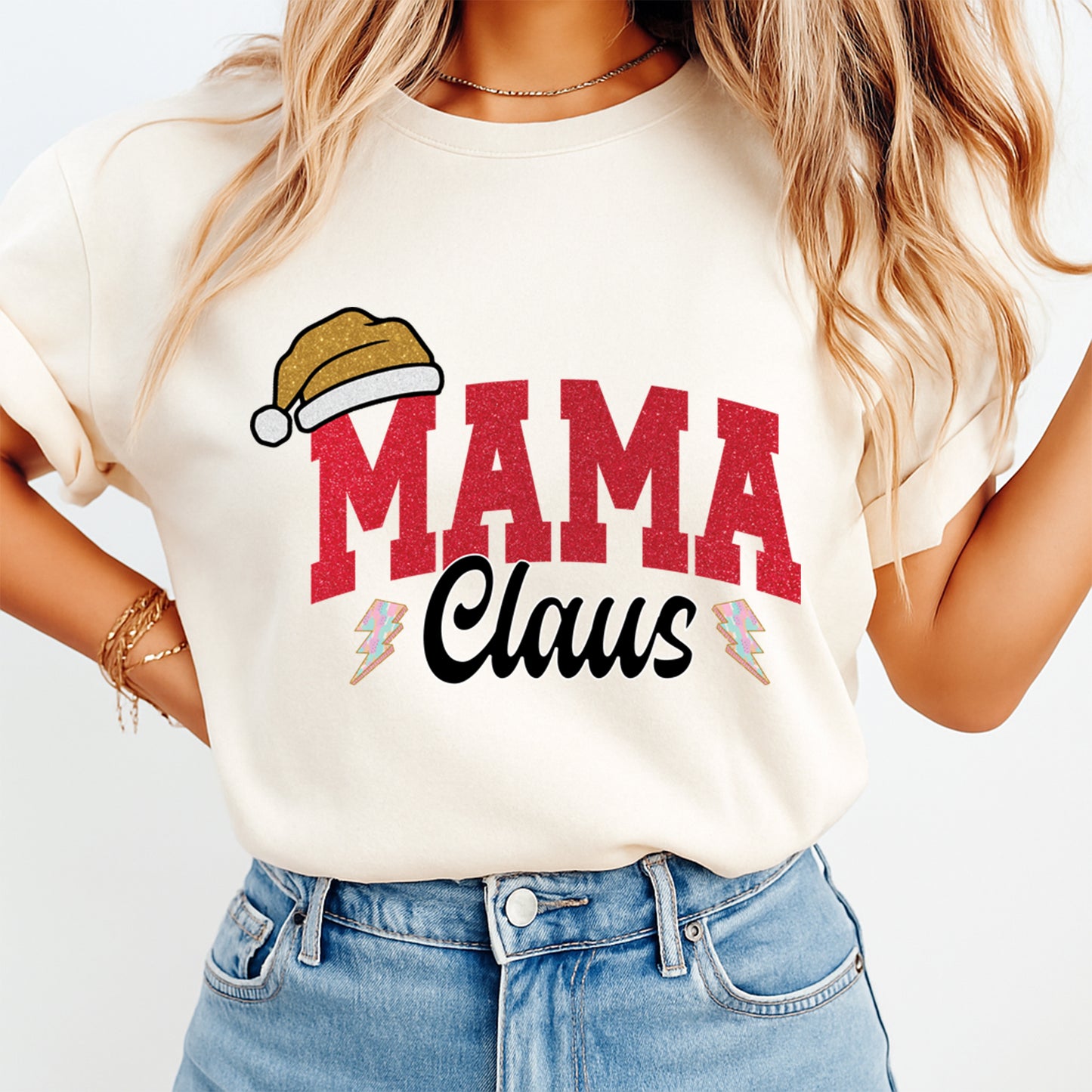 Christmas DTF Transfer – Mama Claus Hat and Lightning Bolts Ready to Press Iron On Heat Transfer for DIY Shirts 11848