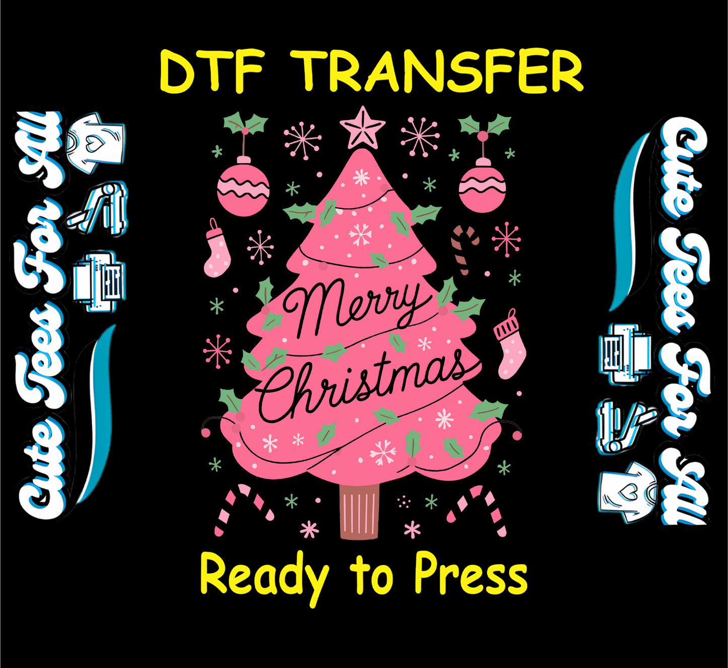 Pink Christmas tree Merry Christmas ready to press DTF iron on heat transfer design for DIY shirts