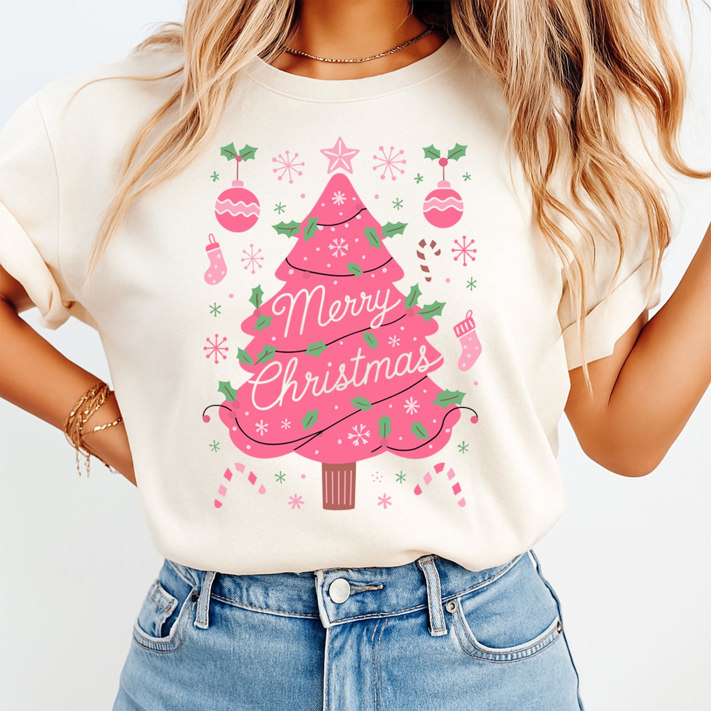 Christmas DTF Transfer – Pink Tree with Merry Christmas Text Ready to Press Iron On Heat Transfer for DIY Shirts 11849