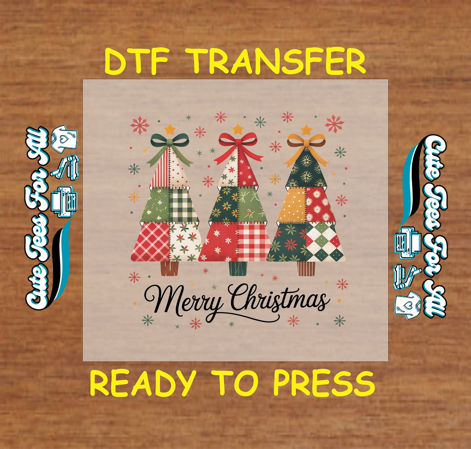 Patchwork Christmas trees Merry Christmas ready to press DTF iron on heat transfer for DIY shirts