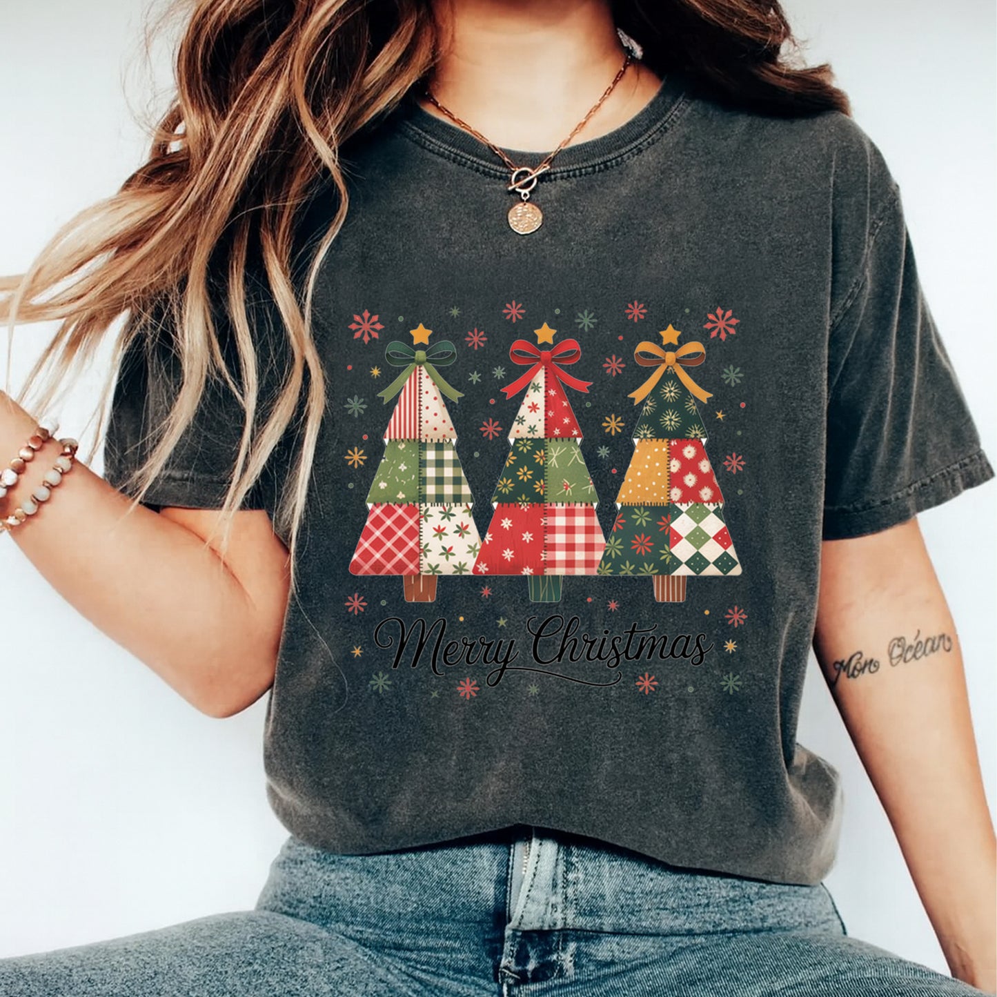 Christmas DTF Transfer – Patchwork Trees with Merry Christmas Text Ready to Press Iron On Heat Transfer for DIY Shirts 11850