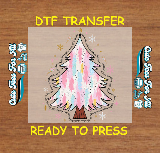 Pastel watercolor Christmas tree with holiday words ready to press DTF iron on heat transfer for DIY shirts