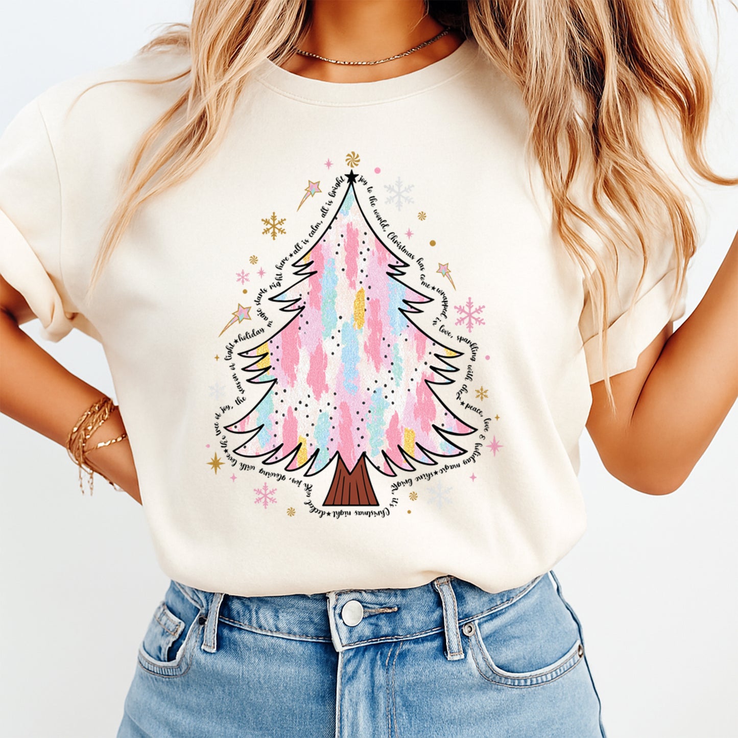 Christmas DTF Transfer – Pastel Watercolor Tree with Holiday Words Ready to Press Iron On Heat Transfer for DIY Shirts 11852