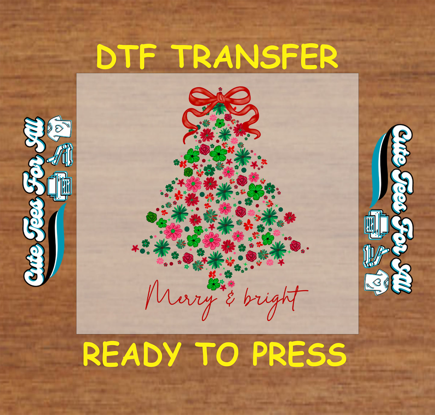 Floral Christmas tree with red bow Merry and Bright ready to press DTF iron on heat transfer for DIY shirts