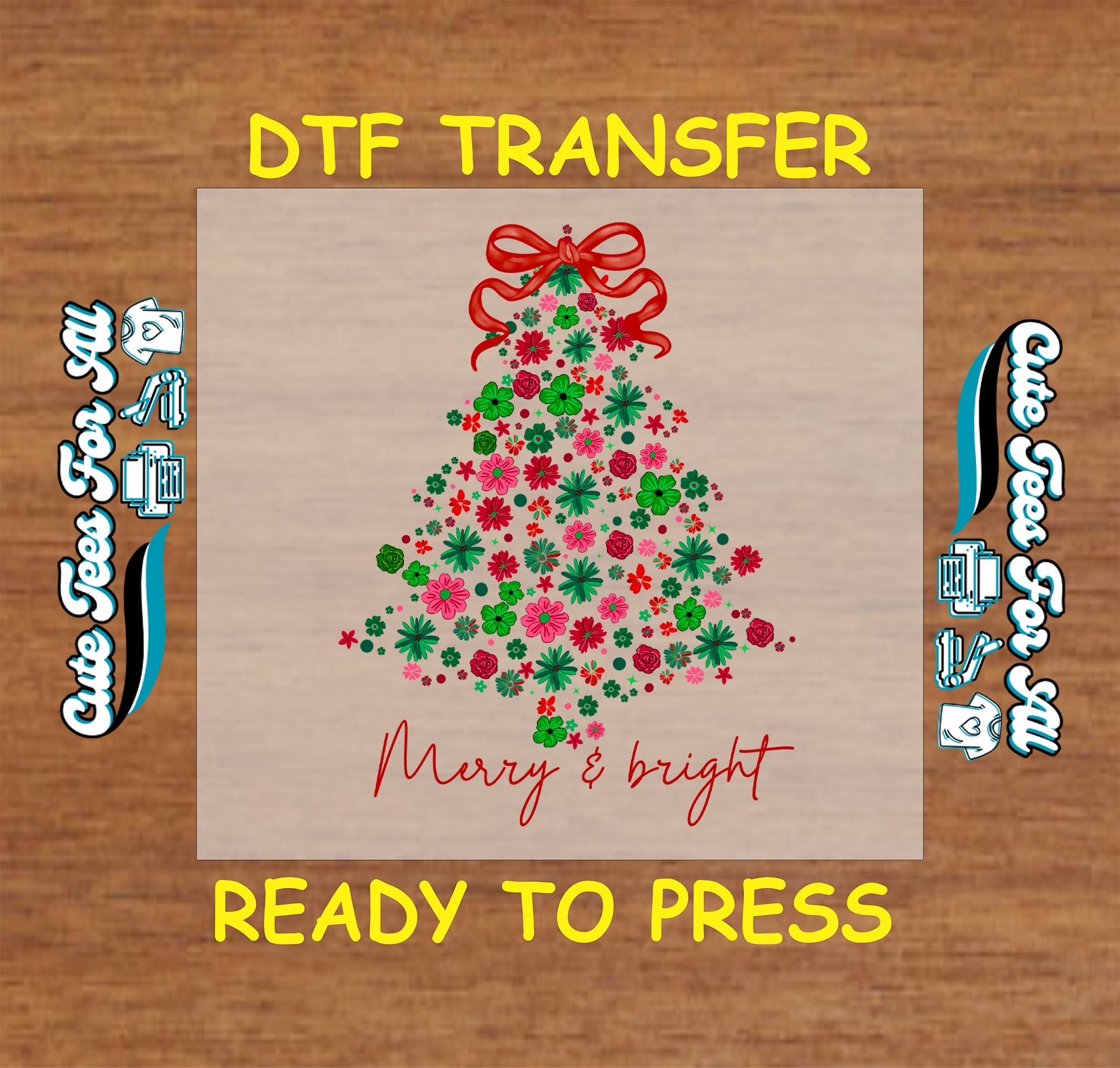 Floral Christmas tree with red bow Merry and Bright ready to press DTF iron on heat transfer for DIY shirts