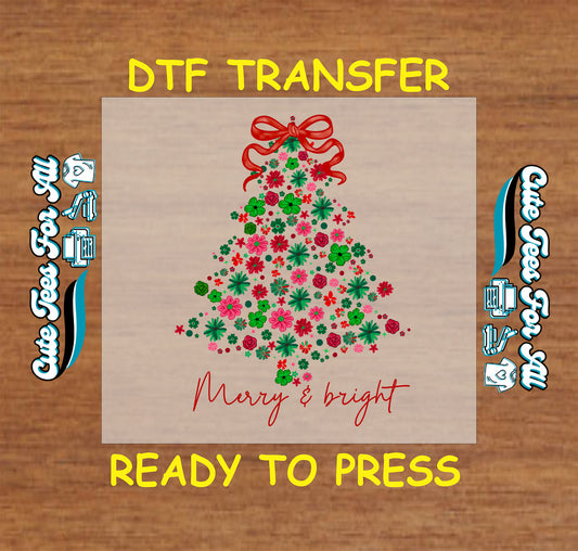 Floral Christmas tree with red bow Merry and Bright ready to press DTF iron on heat transfer for DIY shirts