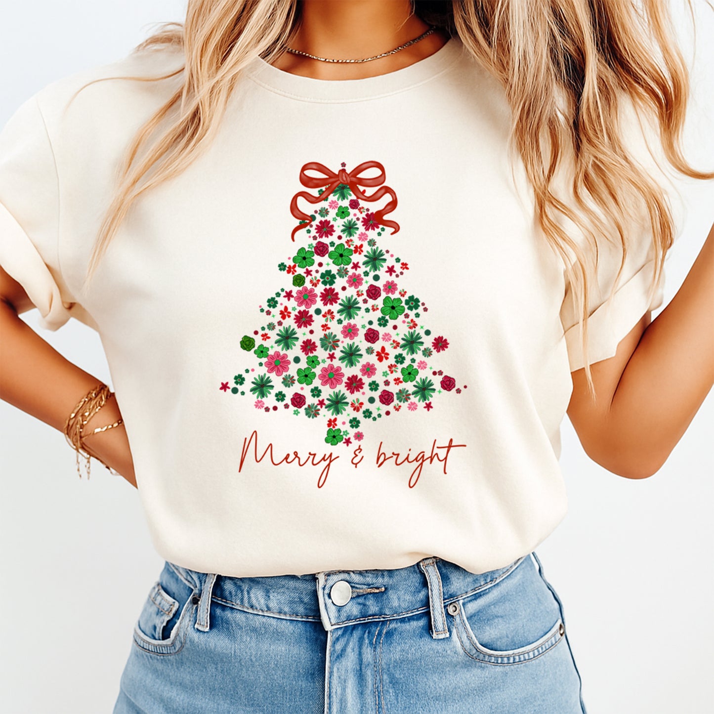 Christmas DTF Transfer – Floral Tree with Red Bow Merry & Bright Text Ready to Press Iron On Heat Transfer for DIY Shirts 11853