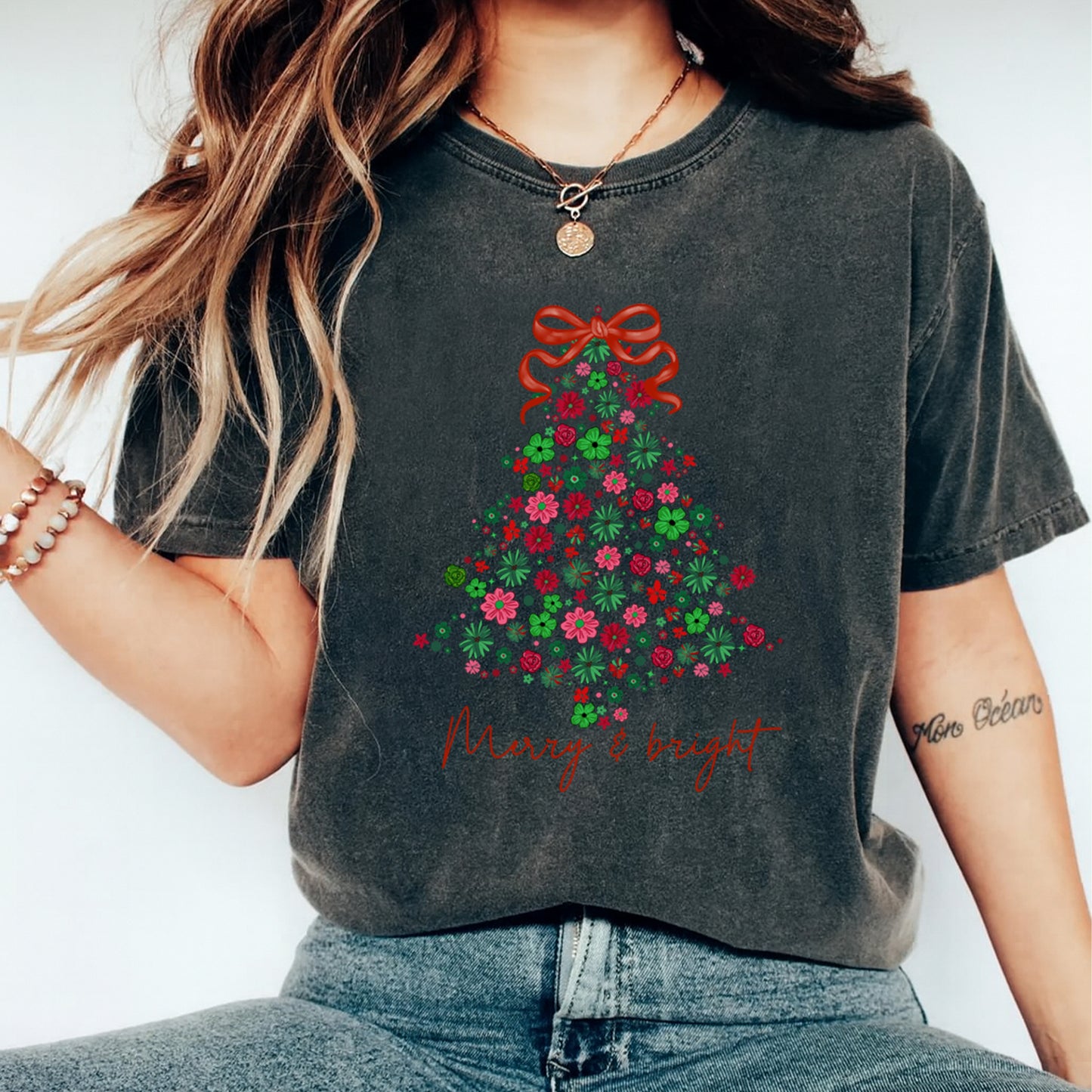 Christmas DTF Transfer – Floral Tree with Red Bow Merry & Bright Text Ready to Press Iron On Heat Transfer for DIY Shirts 11853