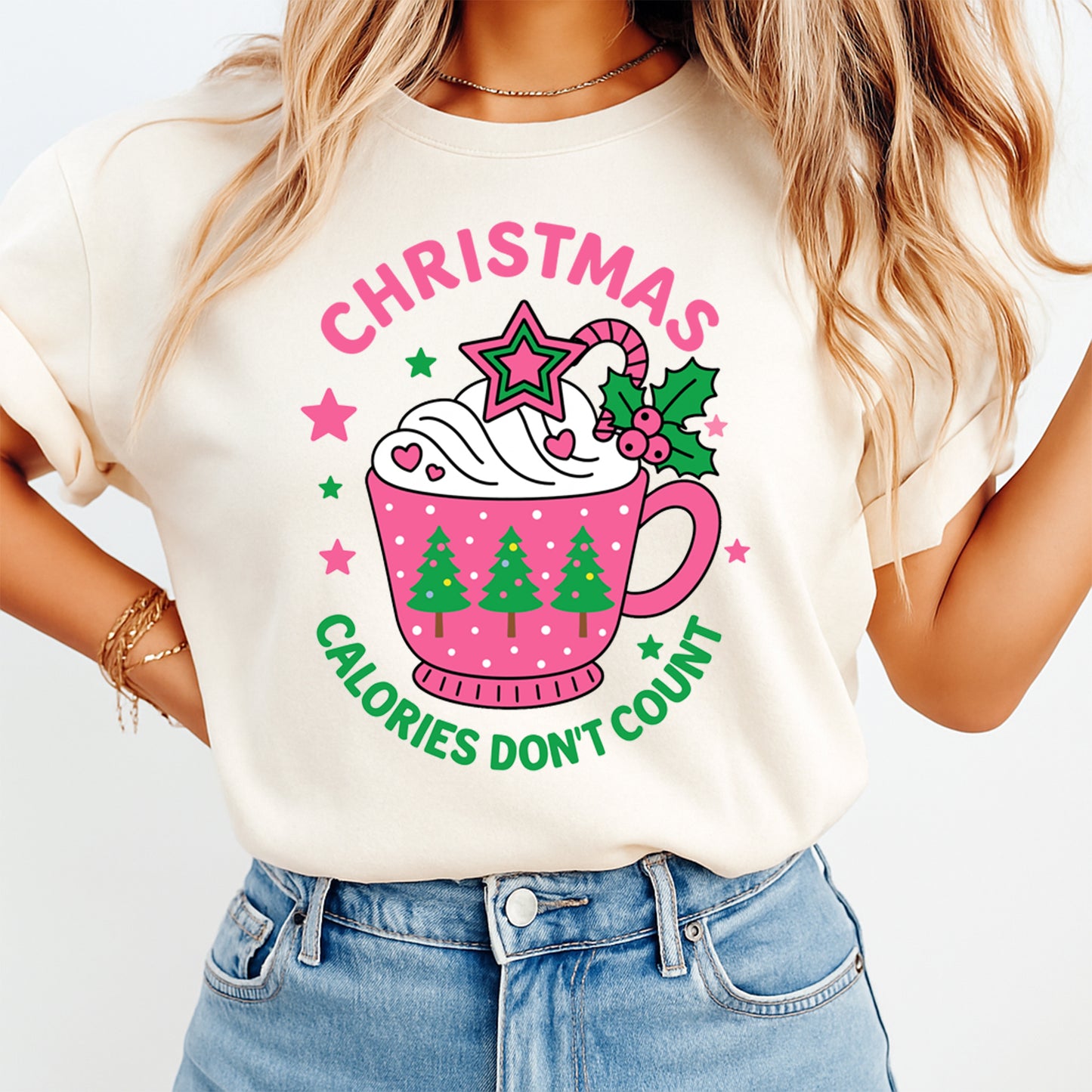 Christmas DTF Transfer – Pink Mug with Trees Christmas Calories Don’t Count Text Ready to Press Iron On Heat Transfer for DIY Shirts 11854