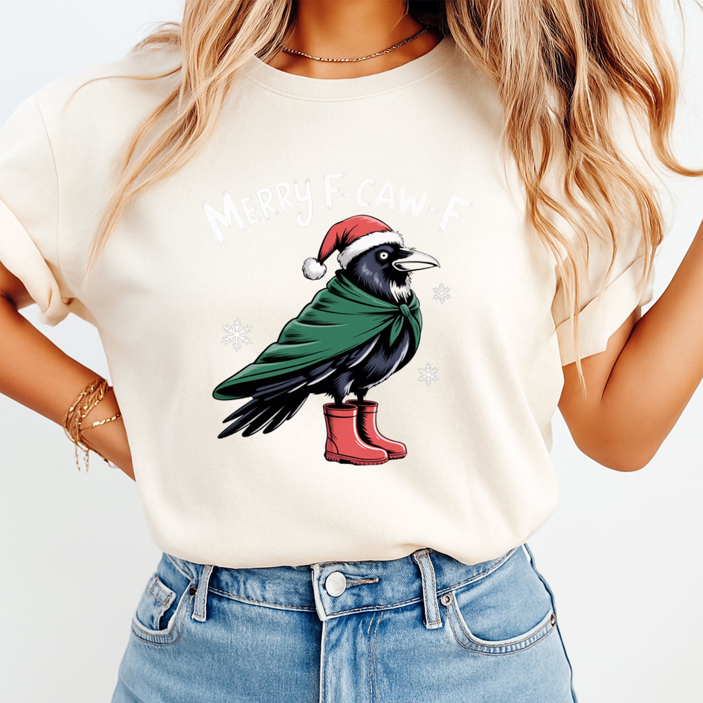 Christmas DTF Transfer – Funny Crow with Santa Hat Merry F-Caw-F Text Ready to Press Iron On Heat Transfer for DIY Shirts 11855