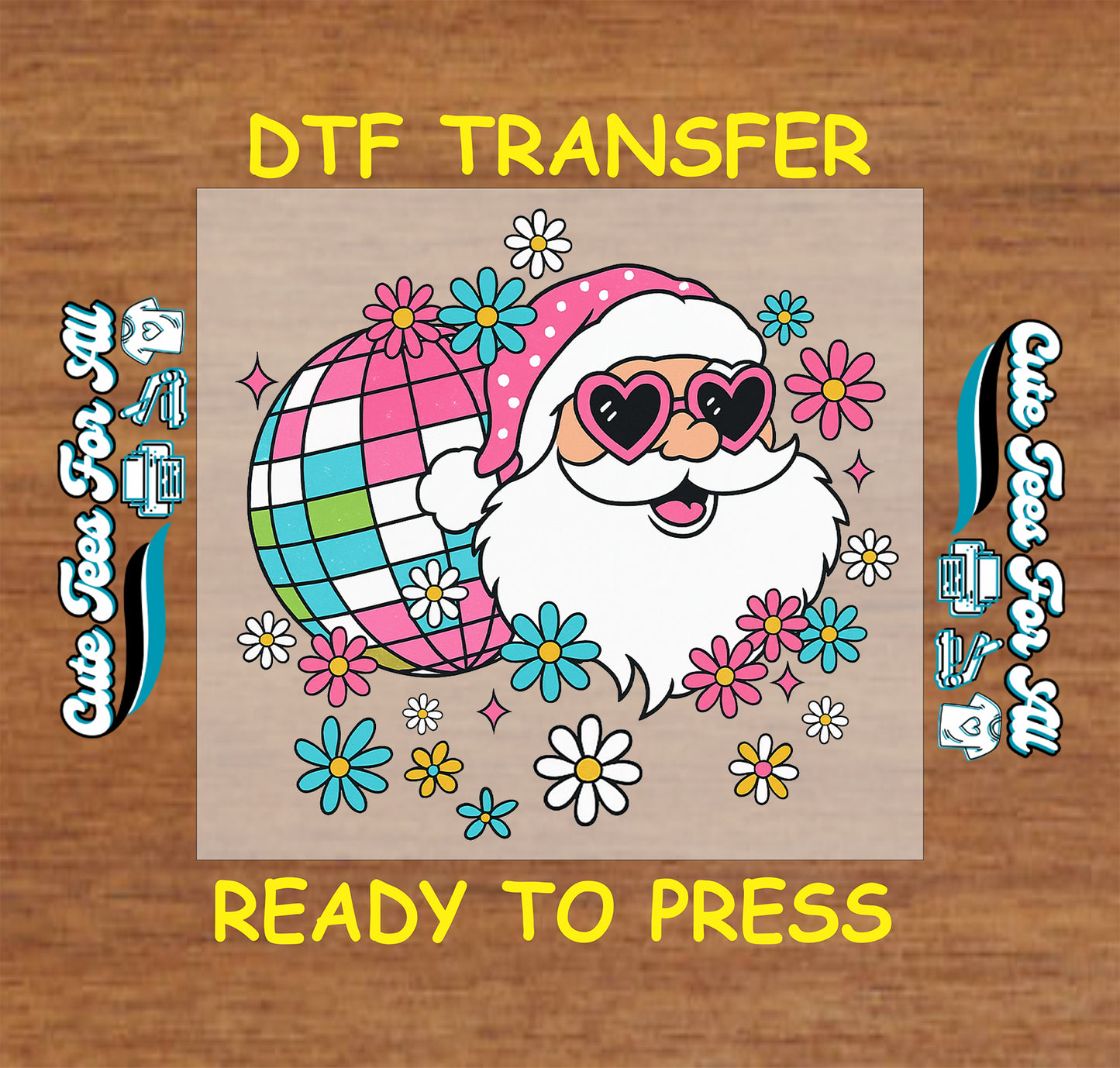 Groovy Santa with disco ball and colorful flowers ready to press DTF iron on heat transfer for DIY shirts