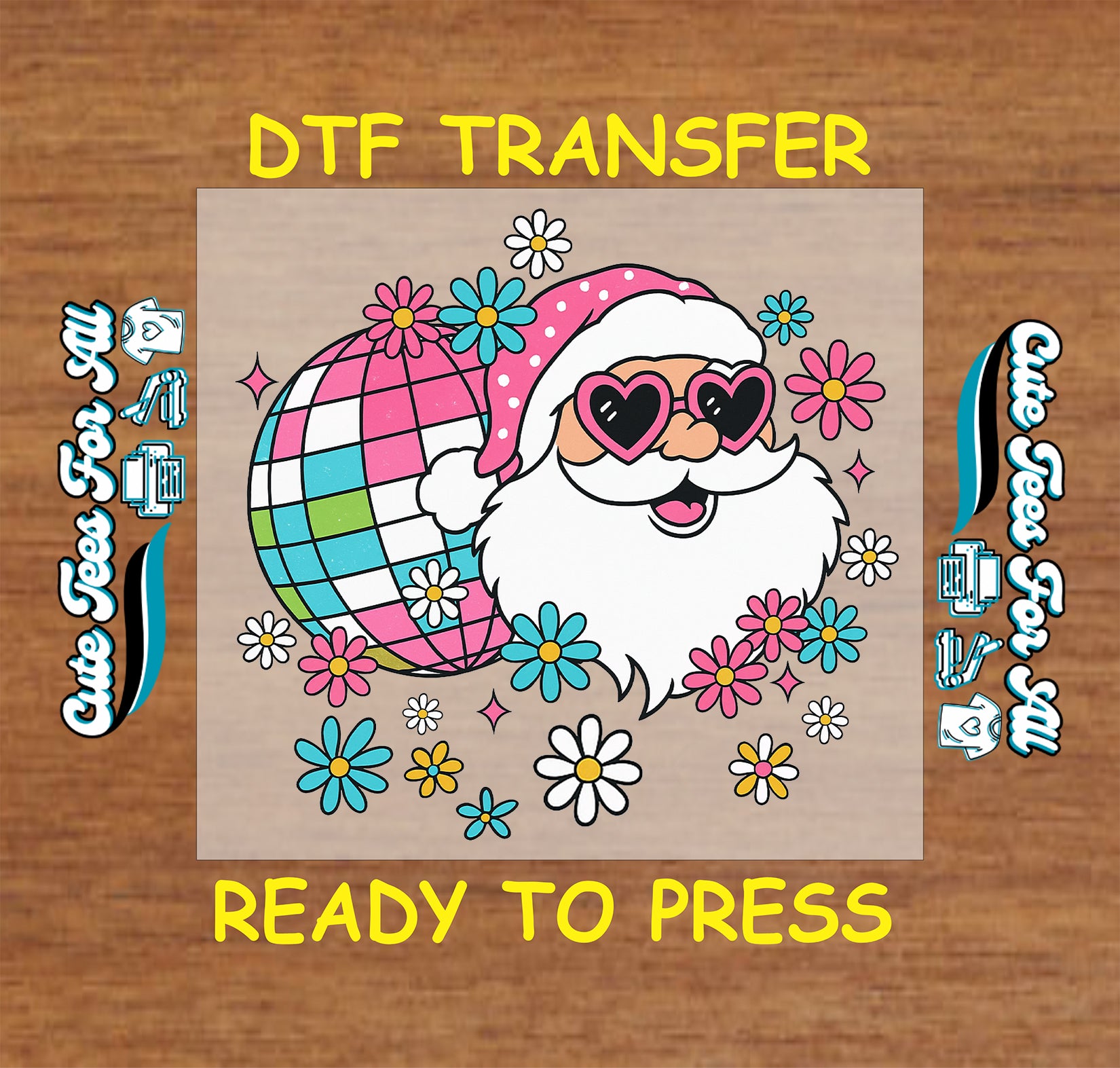 Groovy Santa with disco ball and colorful flowers ready to press DTF iron on heat transfer for DIY shirts