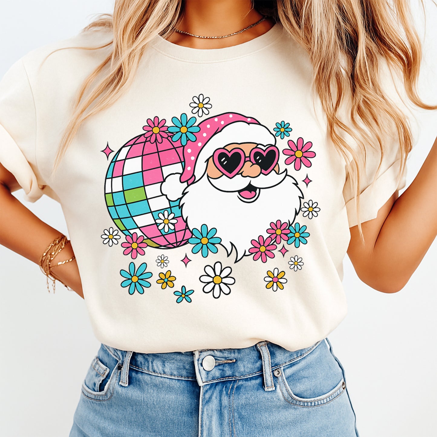 Christmas DTF Transfer – Groovy Santa with Disco Ball and Flowers Ready to Press Iron On Heat Transfer for DIY Shirts 11856