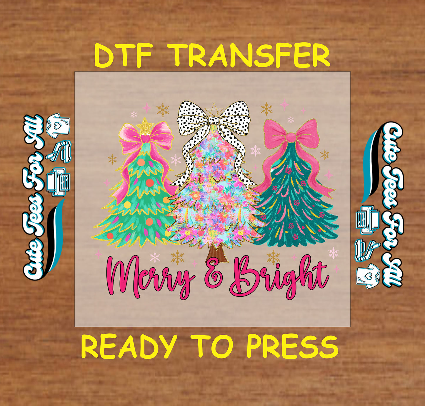 Colorful Christmas trees with bows Merry and Bright ready to press DTF iron on heat transfer for DIY shirts