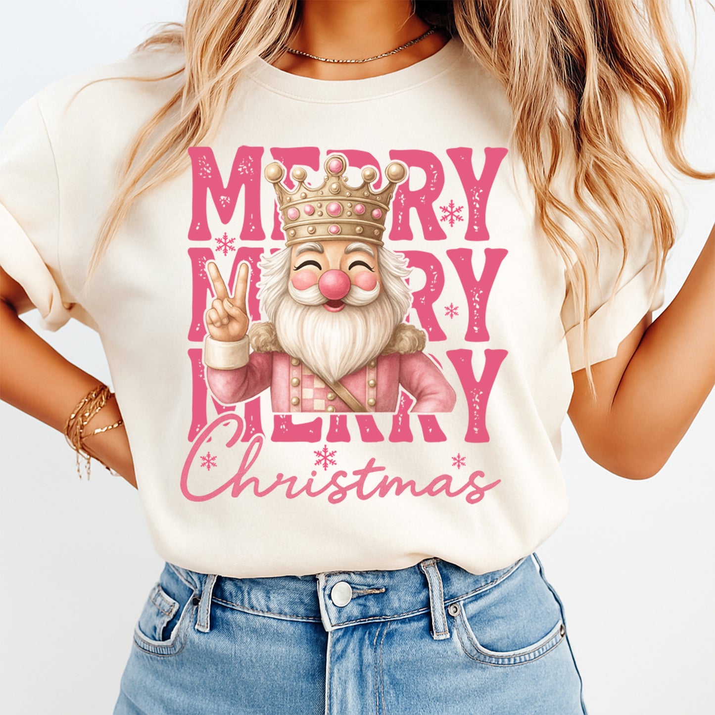 Christmas DTF Transfer – Pink Nutcracker with Crown Merry Merry Merry Christmas Text Ready to Press Iron On Heat Transfer for DIY Shirts 11858