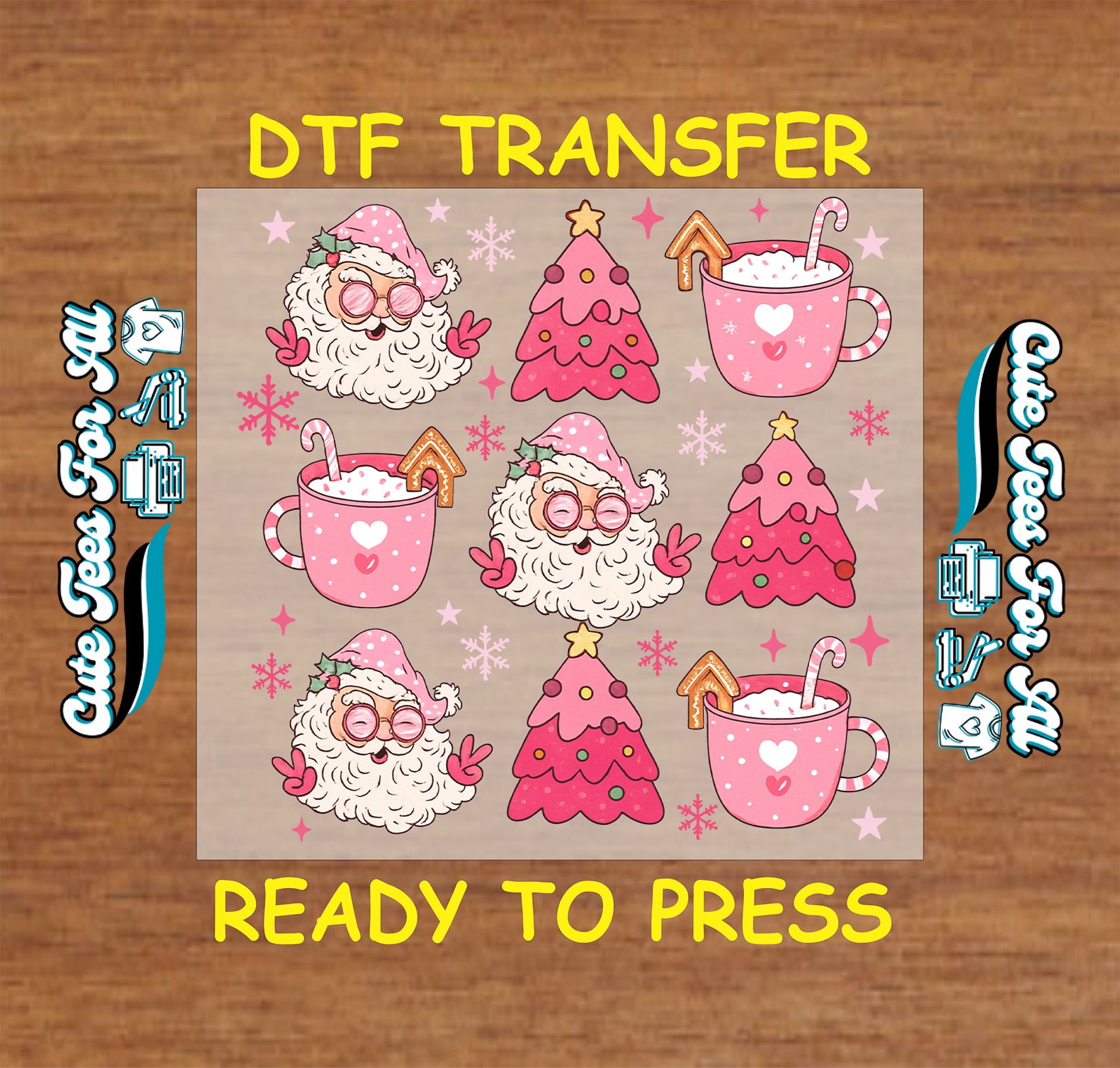 Pink Santa cocoa and Christmas trees repeating pattern ready to press DTF iron on heat transfer for DIY shirts