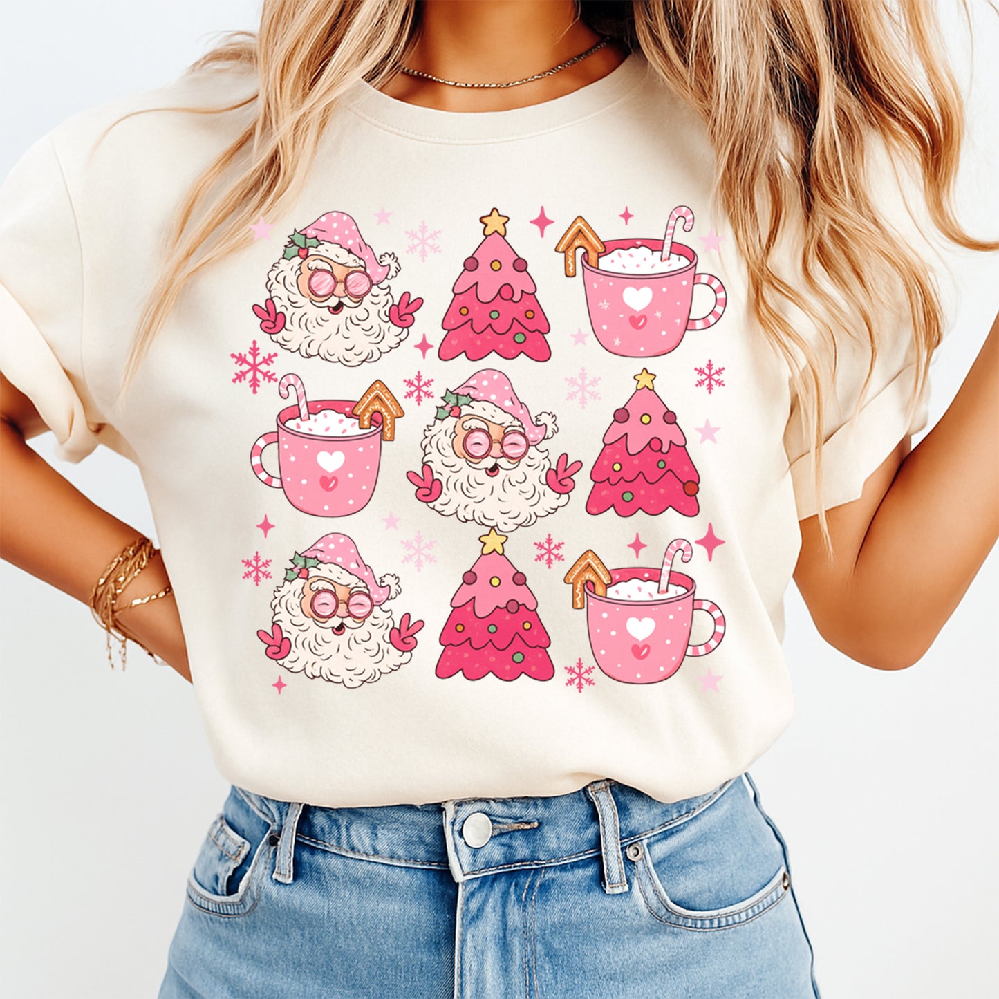 Christmas DTF Transfer – Pink Santa Cocoa and Trees Pattern Ready to Press Iron On Heat Transfer for DIY Shirts 11859