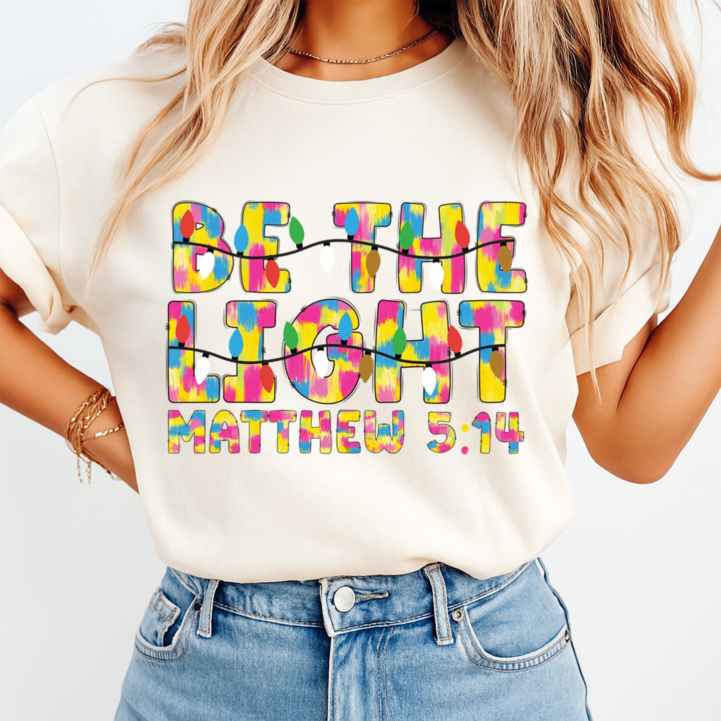 Christmas DTF Transfer – Be The Light Matthew 5:14 Colorful Lights Ready to Press Iron On Heat Transfer for DIY Shirts 11860