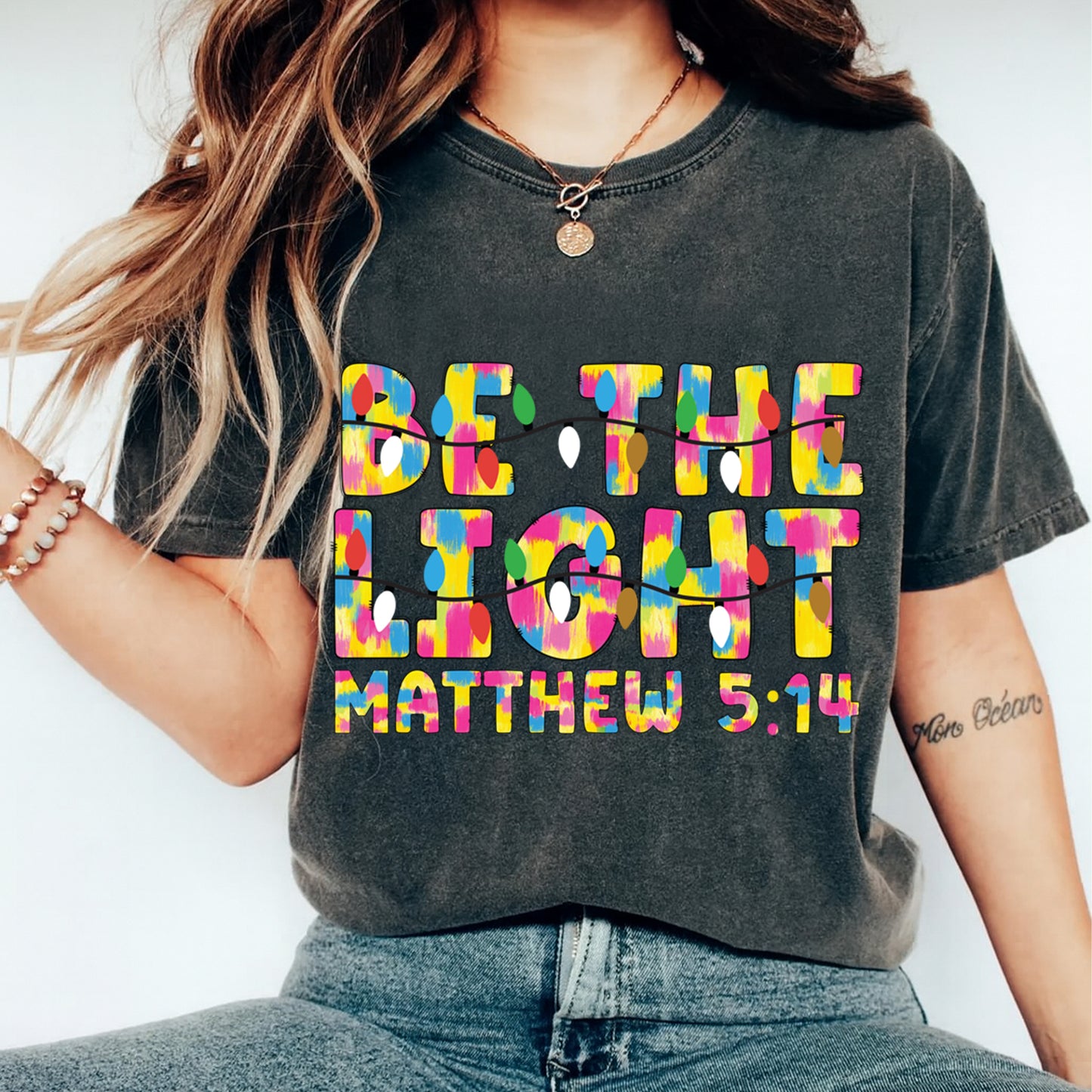 Christmas DTF Transfer – Be The Light Matthew 5:14 Colorful Lights Ready to Press Iron On Heat Transfer for DIY Shirts 11860
