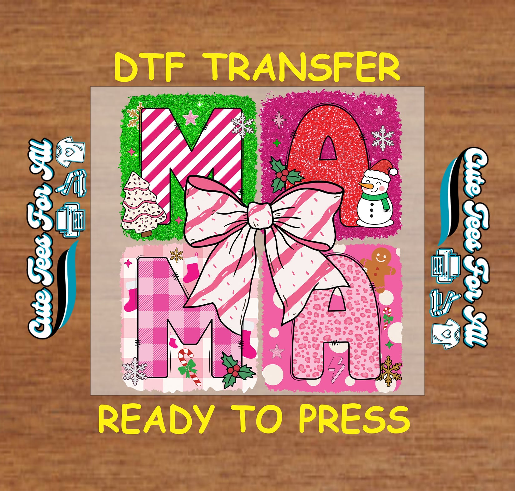 Pink and green MAMA Christmas blocks with bow ready to press DTF iron on heat transfer for DIY shirts