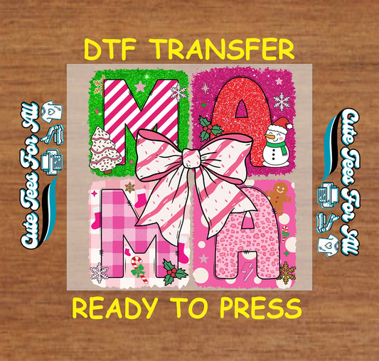 Pink and green MAMA Christmas blocks with bow ready to press DTF iron on heat transfer for DIY shirts
