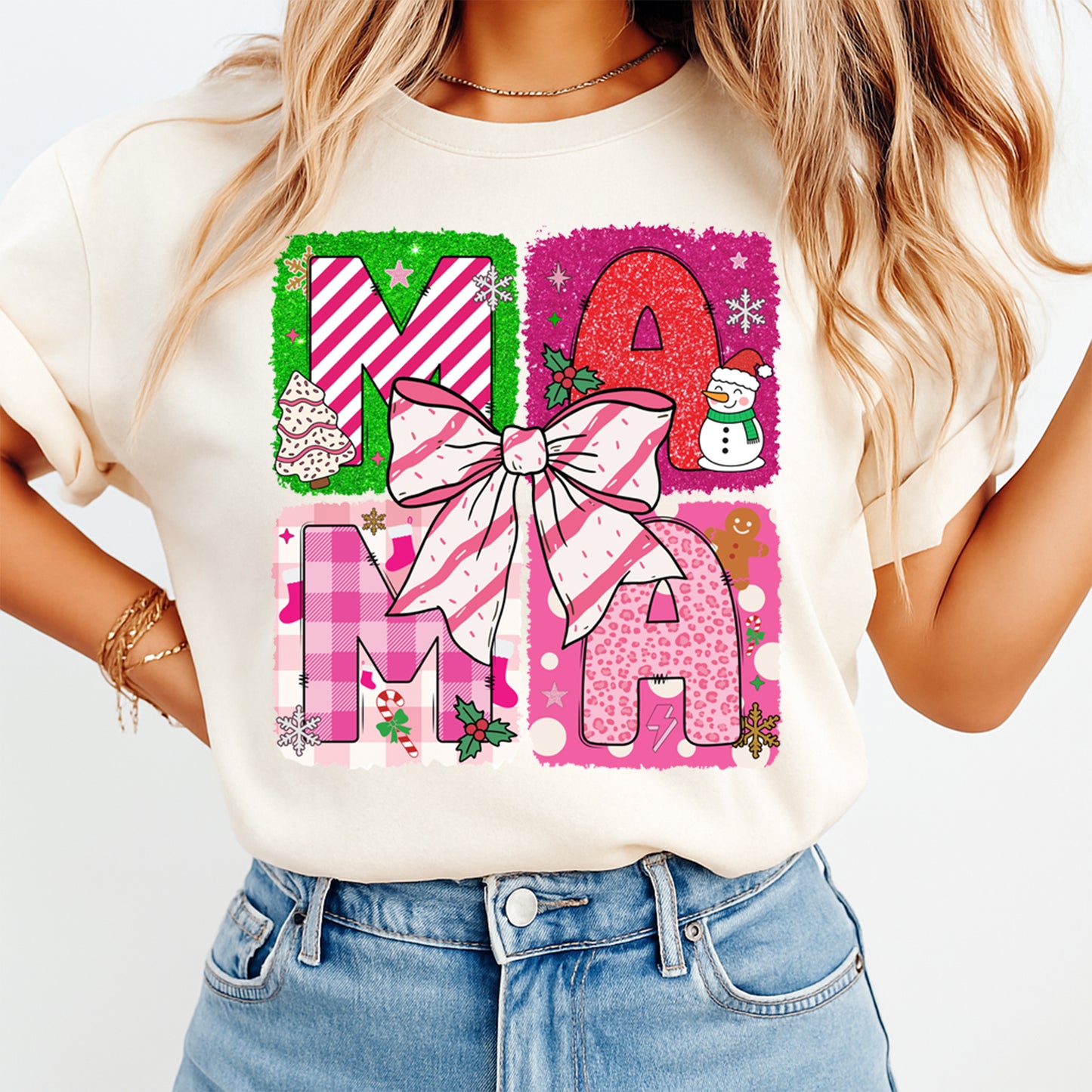Christmas DTF Transfer – Pink and Green MAMA Blocks with Bow Ready to Press Iron On Heat Transfer for DIY Shirts 11861