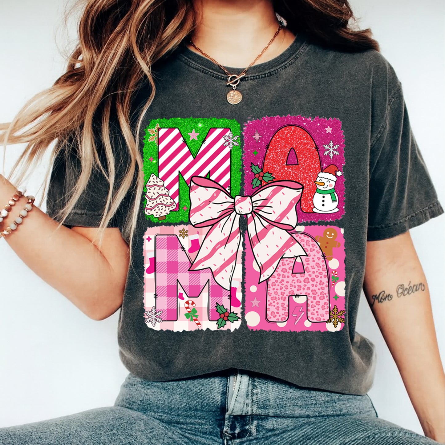 Christmas DTF Transfer – Pink and Green MAMA Blocks with Bow Ready to Press Iron On Heat Transfer for DIY Shirts 11861