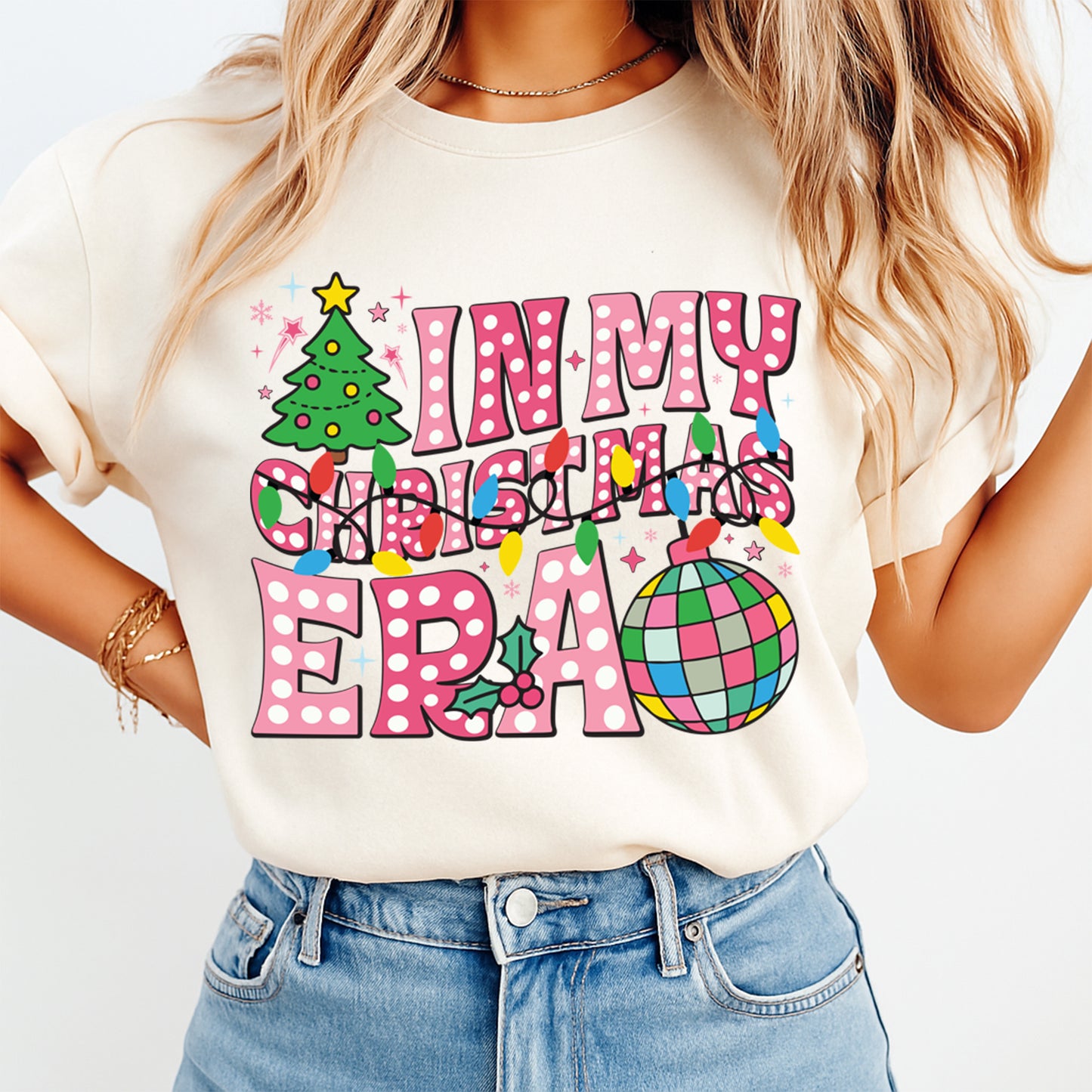 Christmas DTF Transfer – In My Christmas Era Retro Lights and Disco Ball Ready to Press Iron On Heat Transfer for DIY Shirts 11862