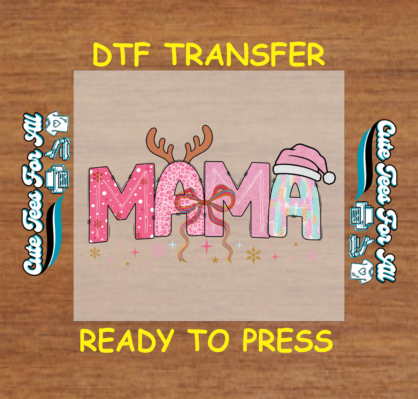 Pink MAMA Christmas design with reindeer antlers and Santa hat ready to press DTF iron on heat transfer for DIY shirts
