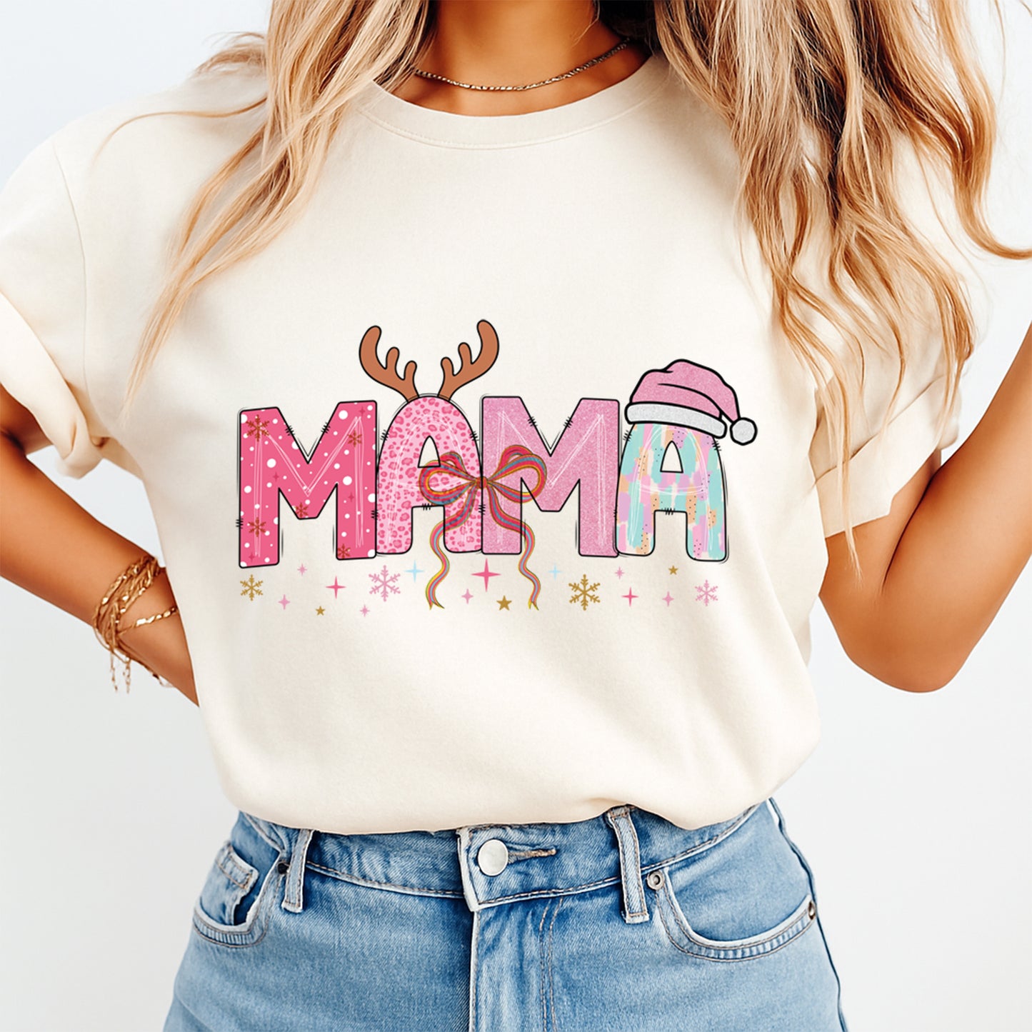 Christmas DTF Transfer – Pink MAMA with Reindeer Antlers and Santa Hat Ready to Press Iron On Heat Transfer for DIY Shirts 11863