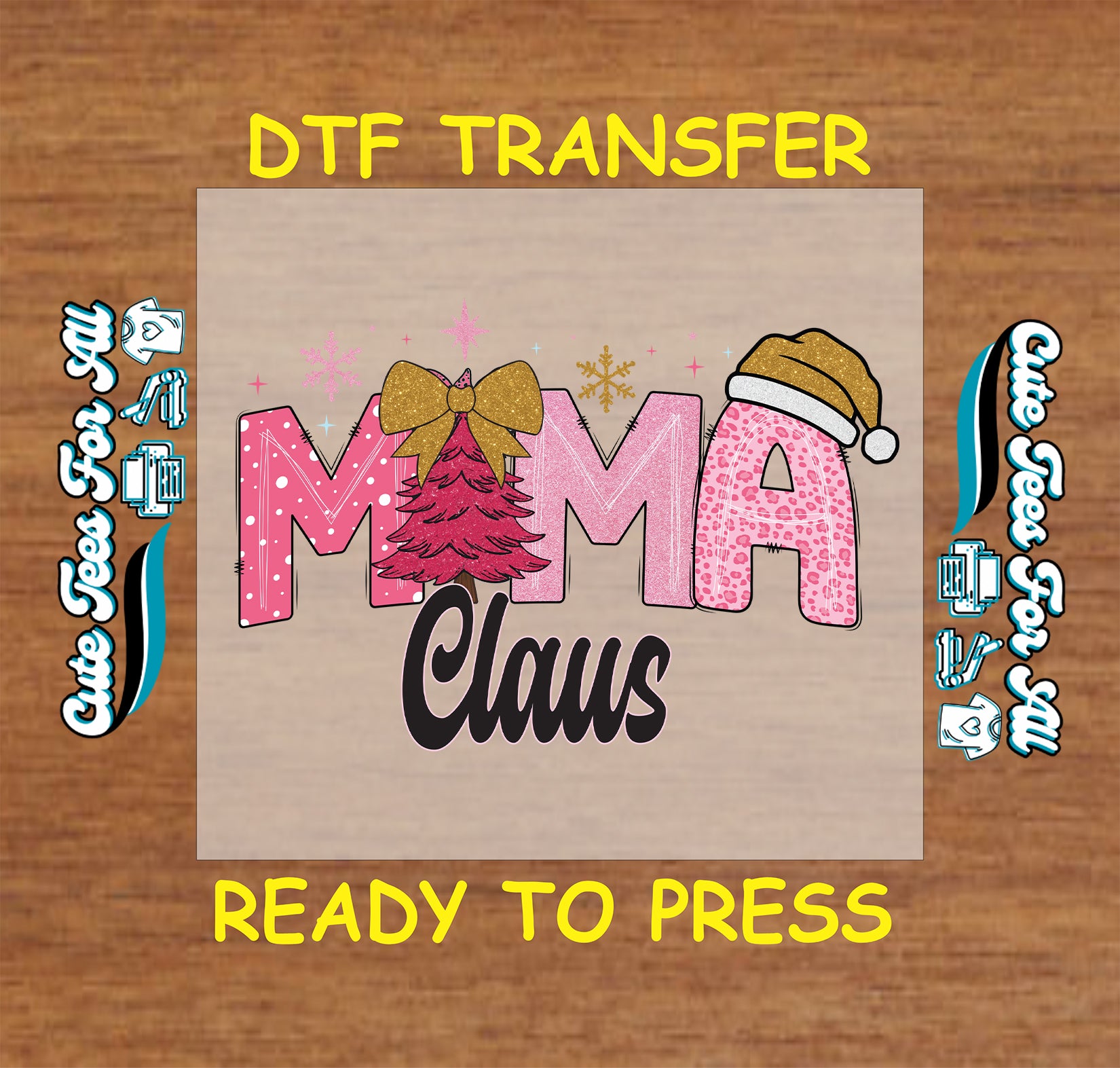 Pink MAMA Claus Christmas design with gold bow and Santa hat ready to press DTF iron on heat transfer for DIY shirts