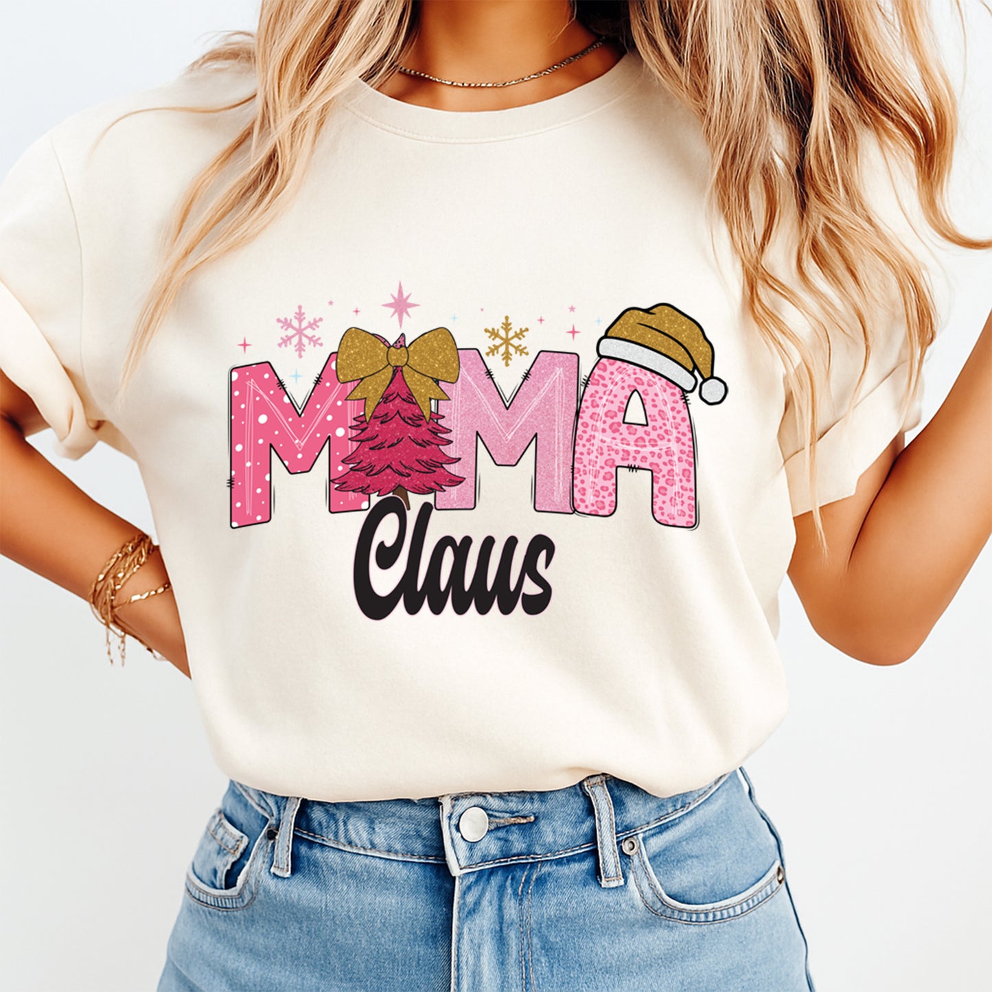 Christmas DTF Transfer – Pink MAMA Claus with Gold Bow and Tree Ready to Press Iron On Heat Transfer for DIY Shirts 11864