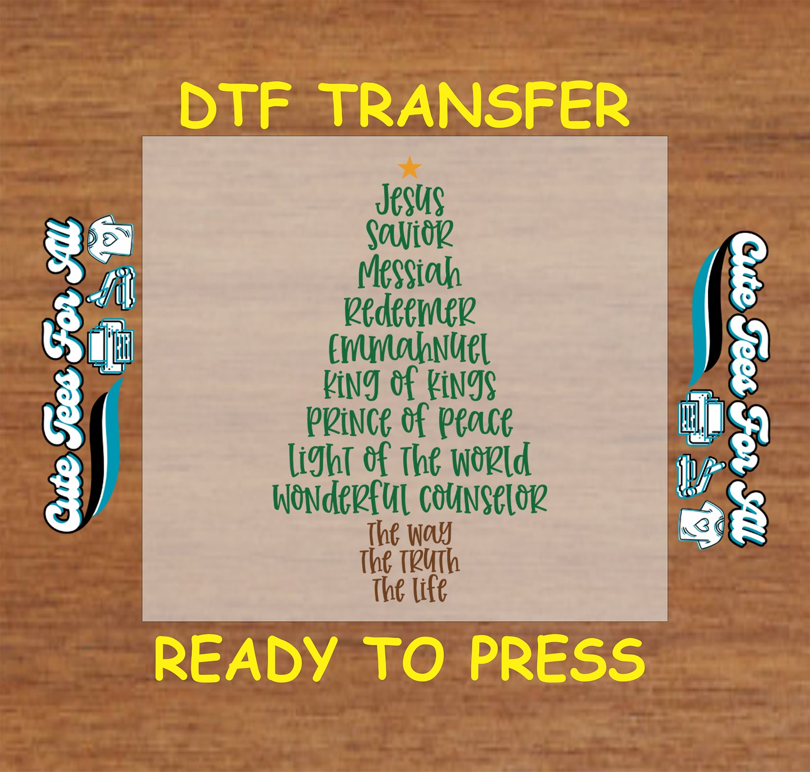 Christian Christmas tree made of Jesus names ready to press DTF iron on heat transfer for DIY shirts