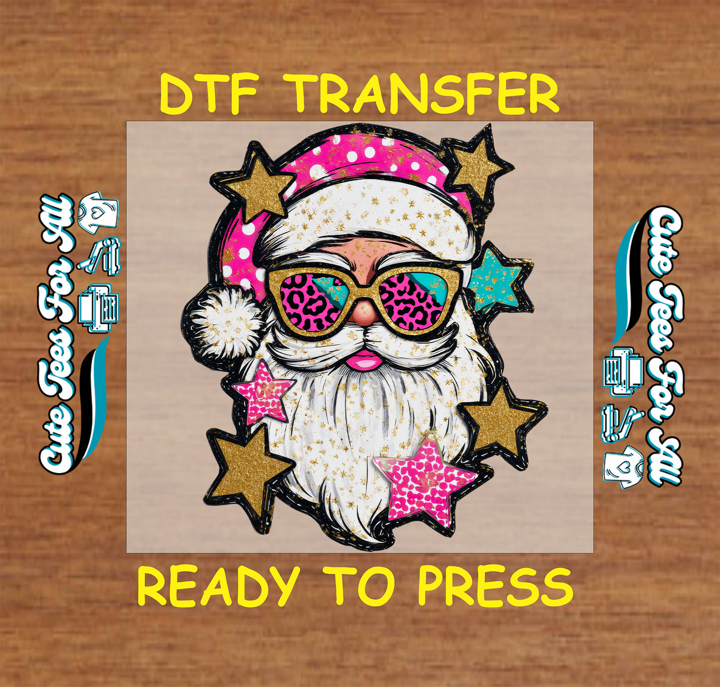 Retro Santa with leopard sunglasses and stars ready to press DTF iron on heat transfer for DIY shirts