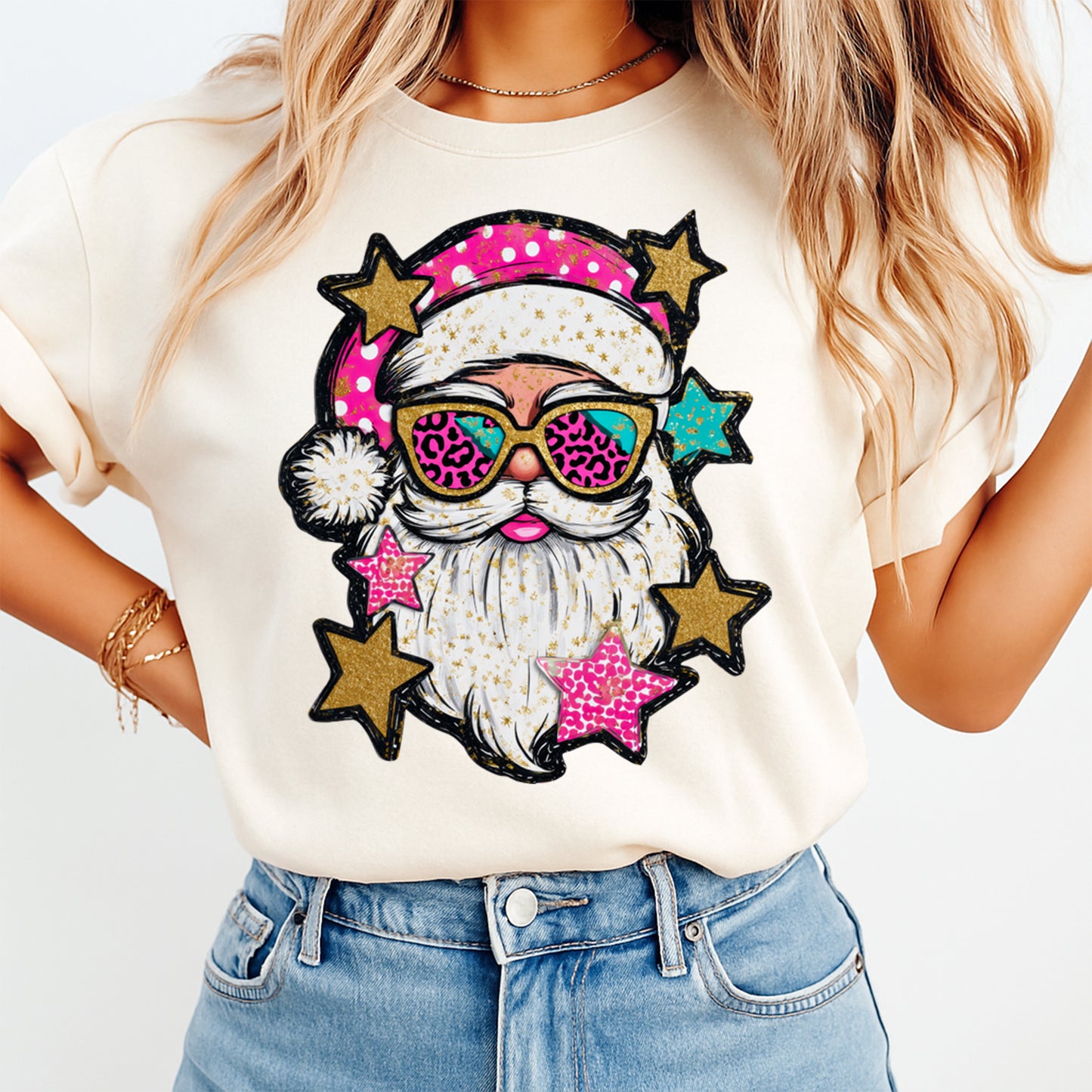 Christmas DTF Transfer – Retro Santa with Leopard Glasses and Stars Ready to Press Iron On Heat Transfer for DIY Shirts 11866