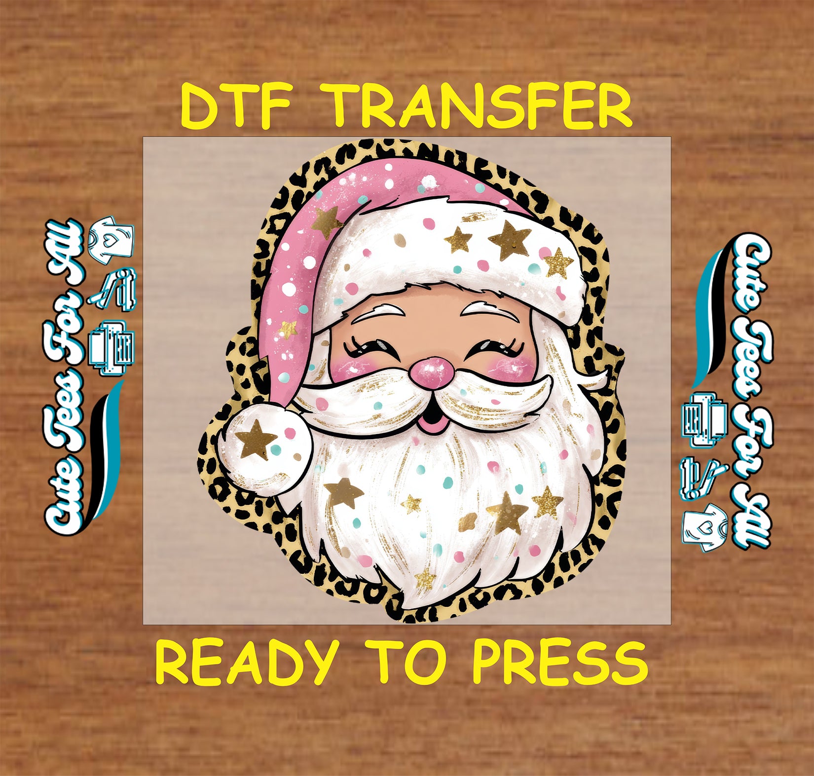 Pink Santa with leopard print border and gold stars ready to press DTF iron on heat transfer for DIY shirts