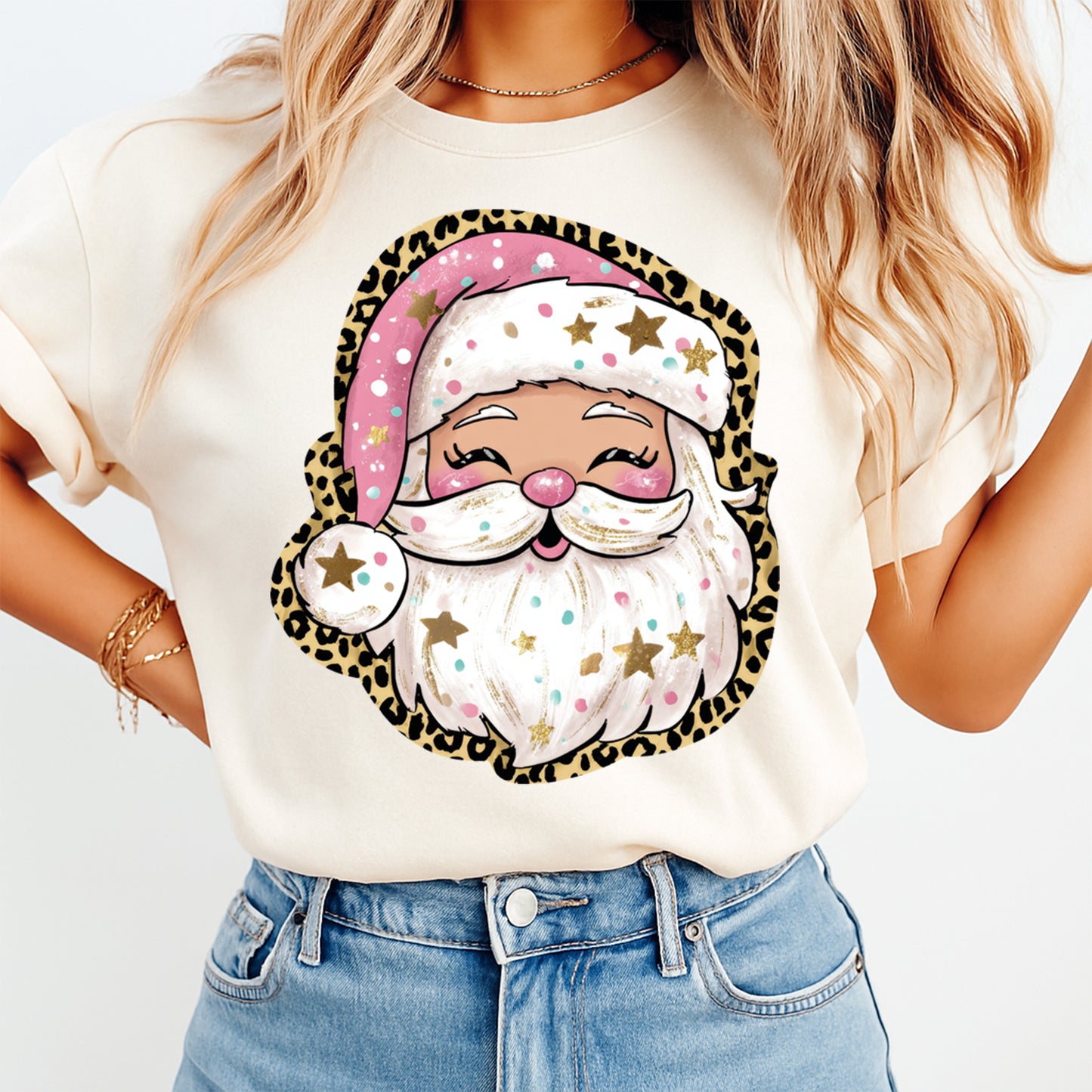 Christmas DTF Transfer – Pink Santa with Leopard Print and Gold Stars Ready to Press Iron On Heat Transfer for DIY Shirts 11867