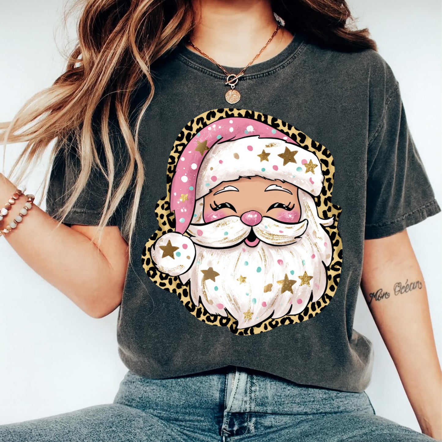 Christmas DTF Transfer – Pink Santa with Leopard Print and Gold Stars Ready to Press Iron On Heat Transfer for DIY Shirts 11867