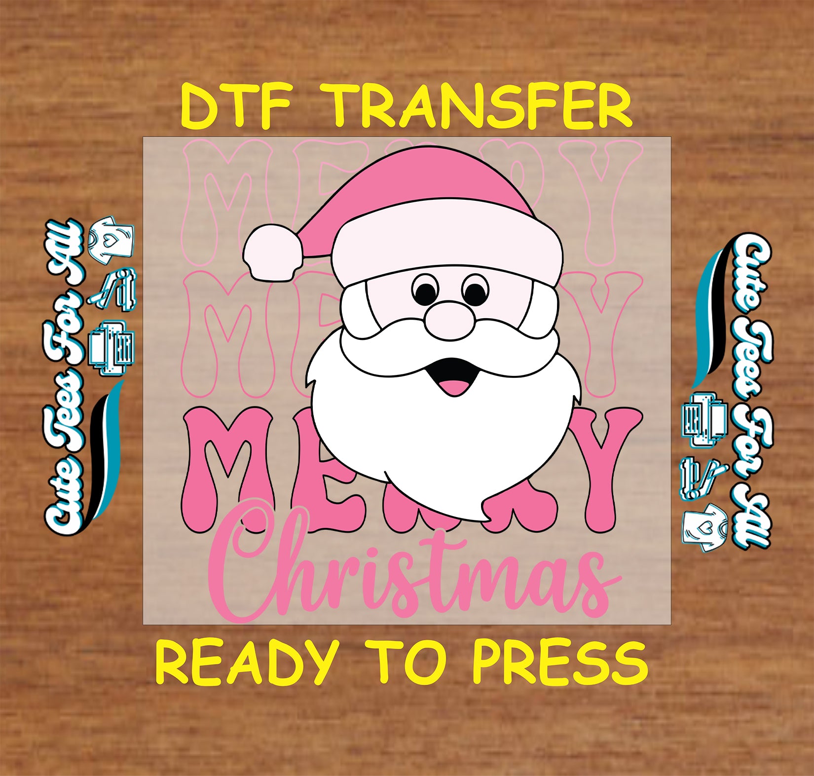 Pink Merry Christmas Santa face ready to press DTF iron on heat transfer for DIY shirts