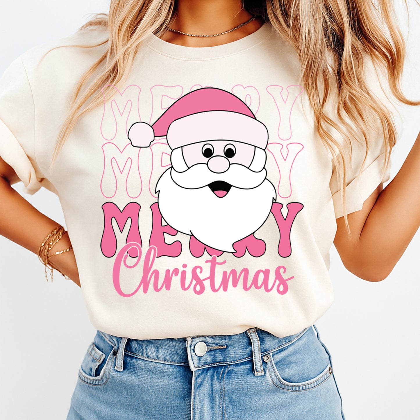 Christmas DTF Transfer – Pink Merry Christmas Santa Face Ready to Press Iron On Heat Transfer for DIY Shirts 11868