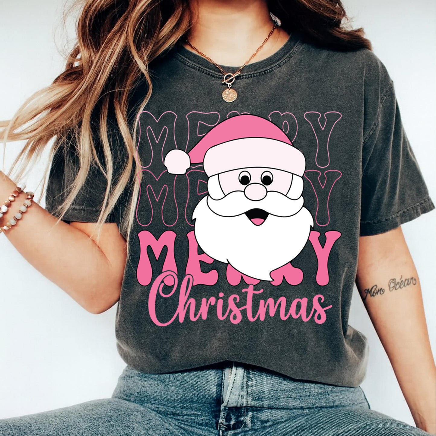 Christmas DTF Transfer – Pink Merry Christmas Santa Face Ready to Press Iron On Heat Transfer for DIY Shirts 11868