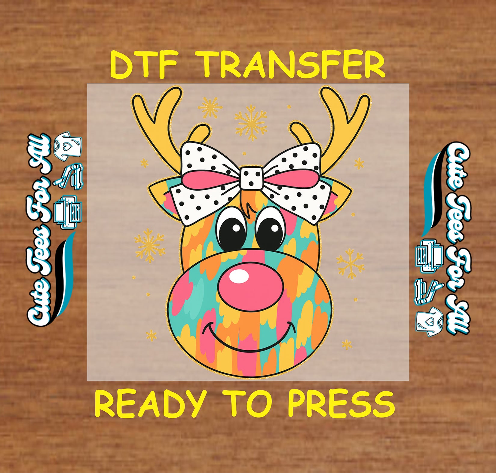 Colorful reindeer face with polka dot bow ready to press DTF iron on heat transfer for DIY shirts