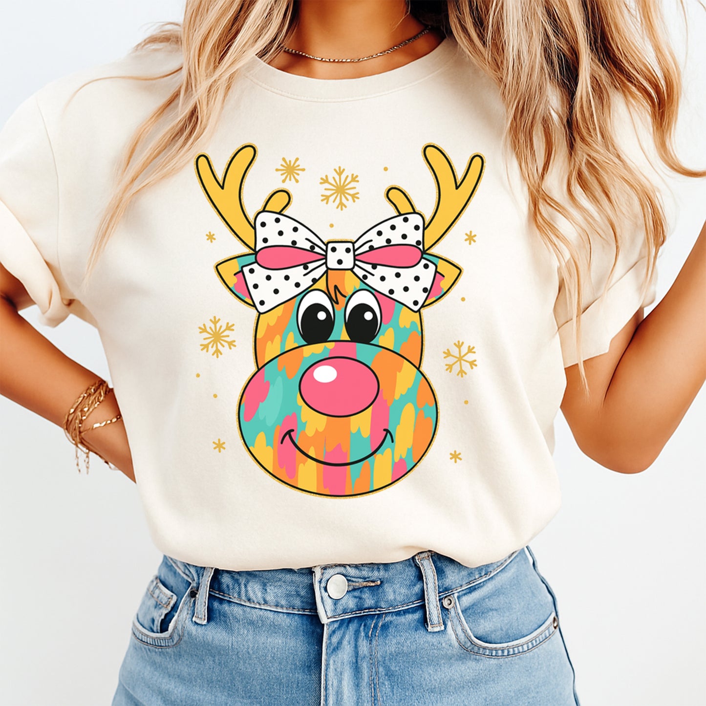 Christmas DTF Transfer – Colorful Reindeer Face with Polka Dot Bow Ready to Press Iron On Heat Transfer for DIY Shirts 11869