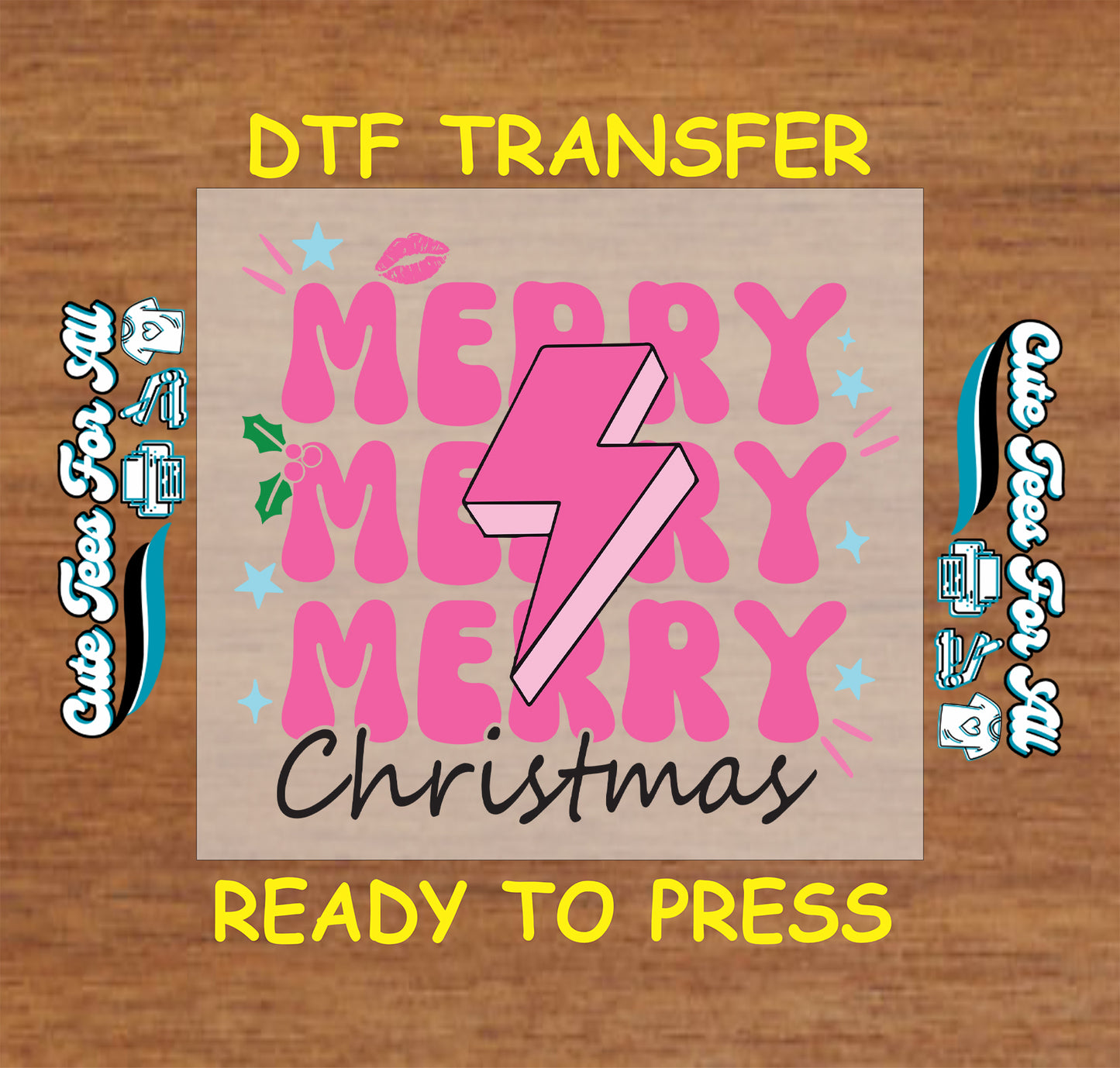 Pink Merry Christmas with lightning bolt ready to press DTF iron on heat transfer for DIY shirts