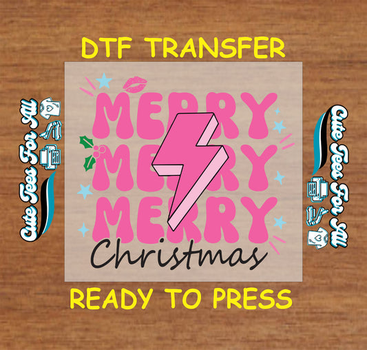 Pink Merry Christmas with lightning bolt ready to press DTF iron on heat transfer for DIY shirts