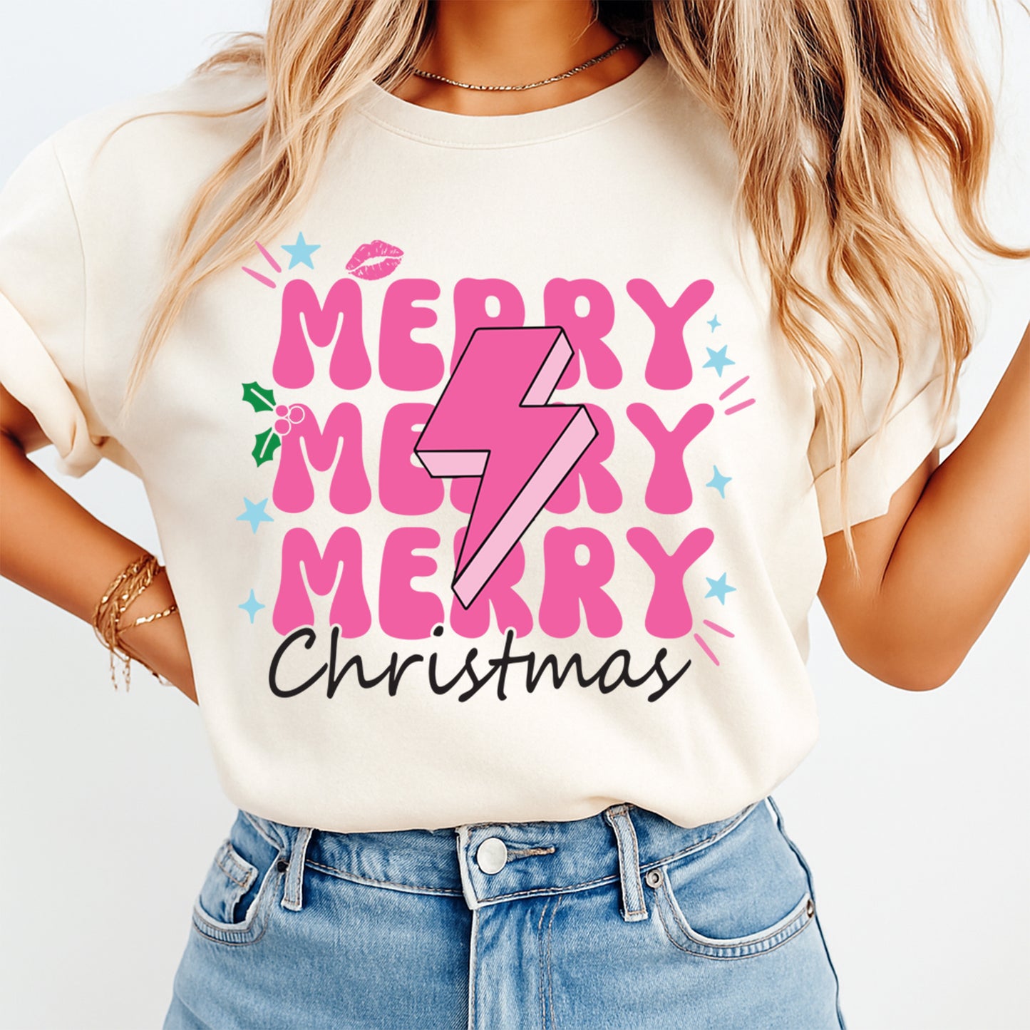 Christmas DTF Transfer – Pink Merry Merry Merry Christmas with Lightning Bolt Ready to Press Iron On Heat Transfer for DIY Shirts 11870